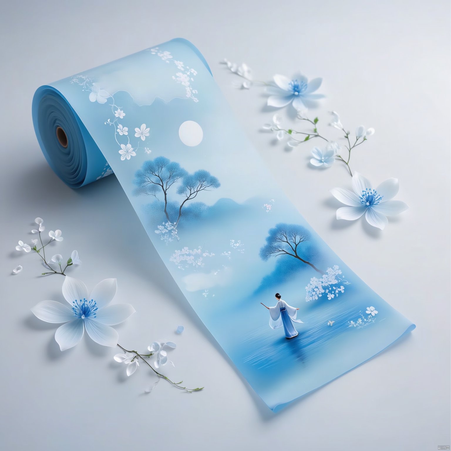 Flowers bloom
a roll of paper is adorned with a vibrant blue backdrop
adorned with an Asian woman in a kimono. The woman
dressed in a blue dress
is holding a stick in her right hand
while her left arm is stretched out in front of her. She is standing in a body of water
with a mountain range in the background
dotted with trees and a moon in the sky. The scene is set against a white backdrop
adding a pop of color to the scene