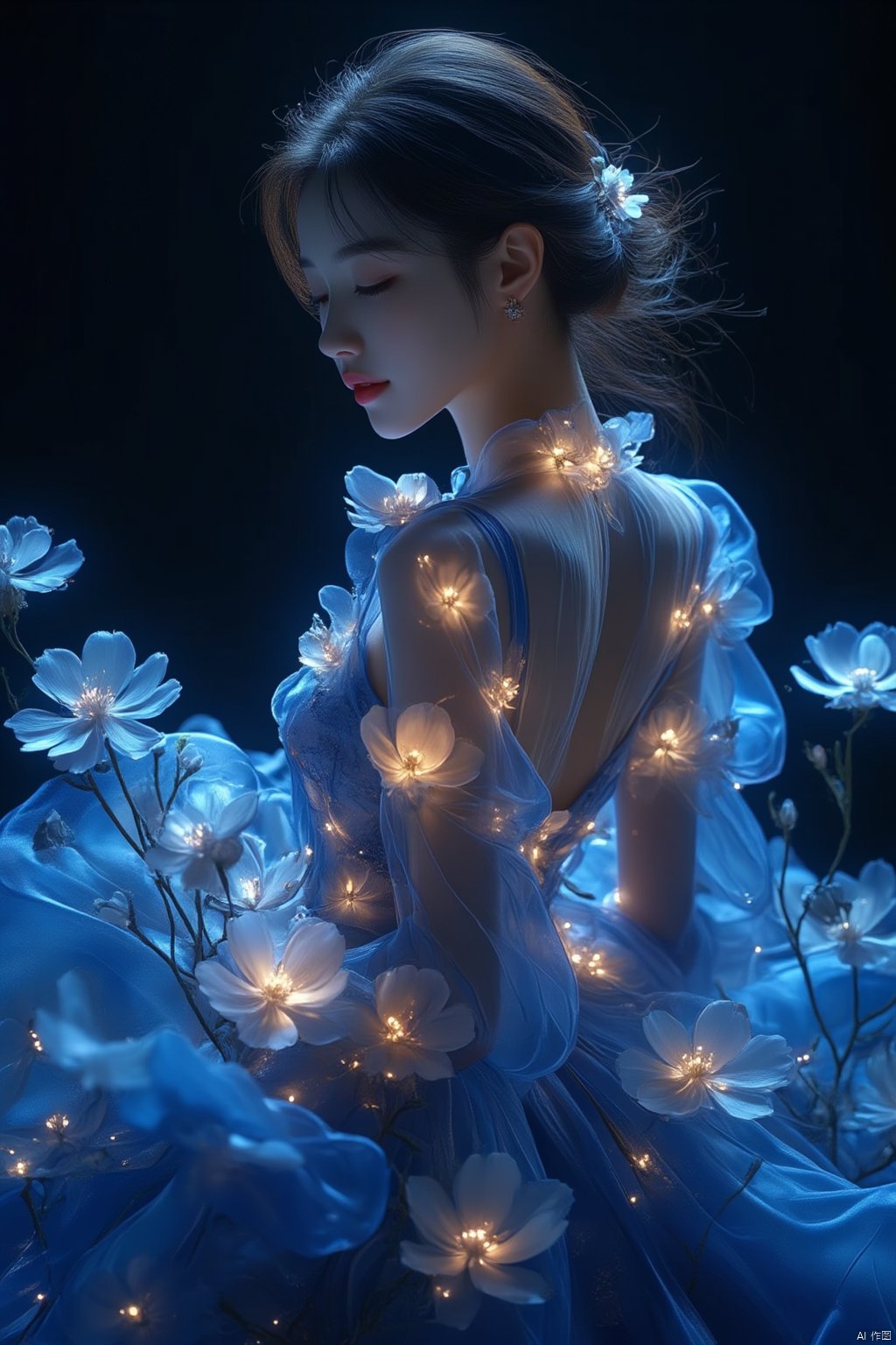 Flowers bloom
a beautiful woman
dressed in a blue sleeveless dress adorned with flowers and lights. Her hair is styled in a ponytail
adding a touch of beauty to the scene. The backdrop is a deep black
creating a stark contrast to the woman's dress. The dress
adorned with white flowers
is draped in a flowing pattern
adding depth to the overall composition.