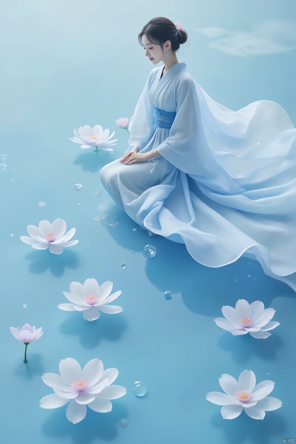 Flowers bloom
a woman in a white kimono is sitting on the edge of a body of water. Her hair is tied back in a bun
and she's wearing a blue kimonos. The water is a light blue
and there are water droplets floating on the surface of the water. The woman's dress is flowing in a flowing pattern
and her left hand is resting on her lap. There are five white flowers floating on a surface of water
their petals petals with pink centers
and a single flower with a green stem on the left side of the frame. The background is a pale blue
with a few wispy clouds in the sky.