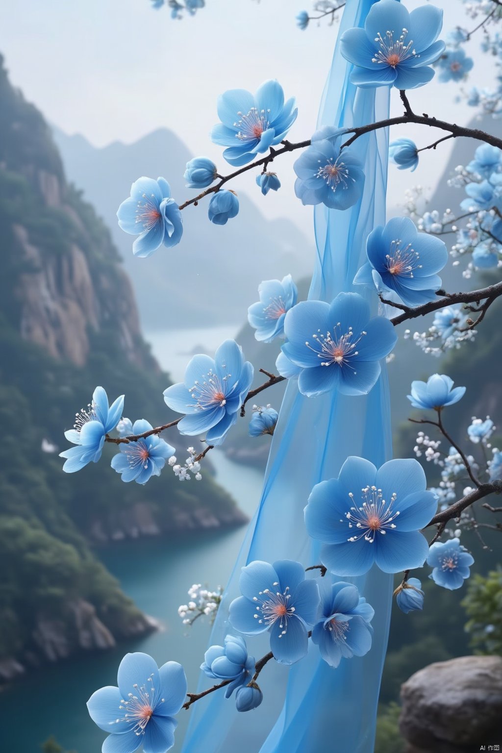 Flowers bloom
a vibrant blue blossom tree branch is adorned with a flowing flowing blue ribbon
adorned with small white flowers. The branch is a vibrant shade of brown
adding a pop of color to the otherwise monochromatic scene. The backdrop
a rocky cliff
a mountain range
and a body of water
creating a peaceful and serene backdrop. The sky is a muted white
with a few wispy clouds in the air
adding depth to the composition.
