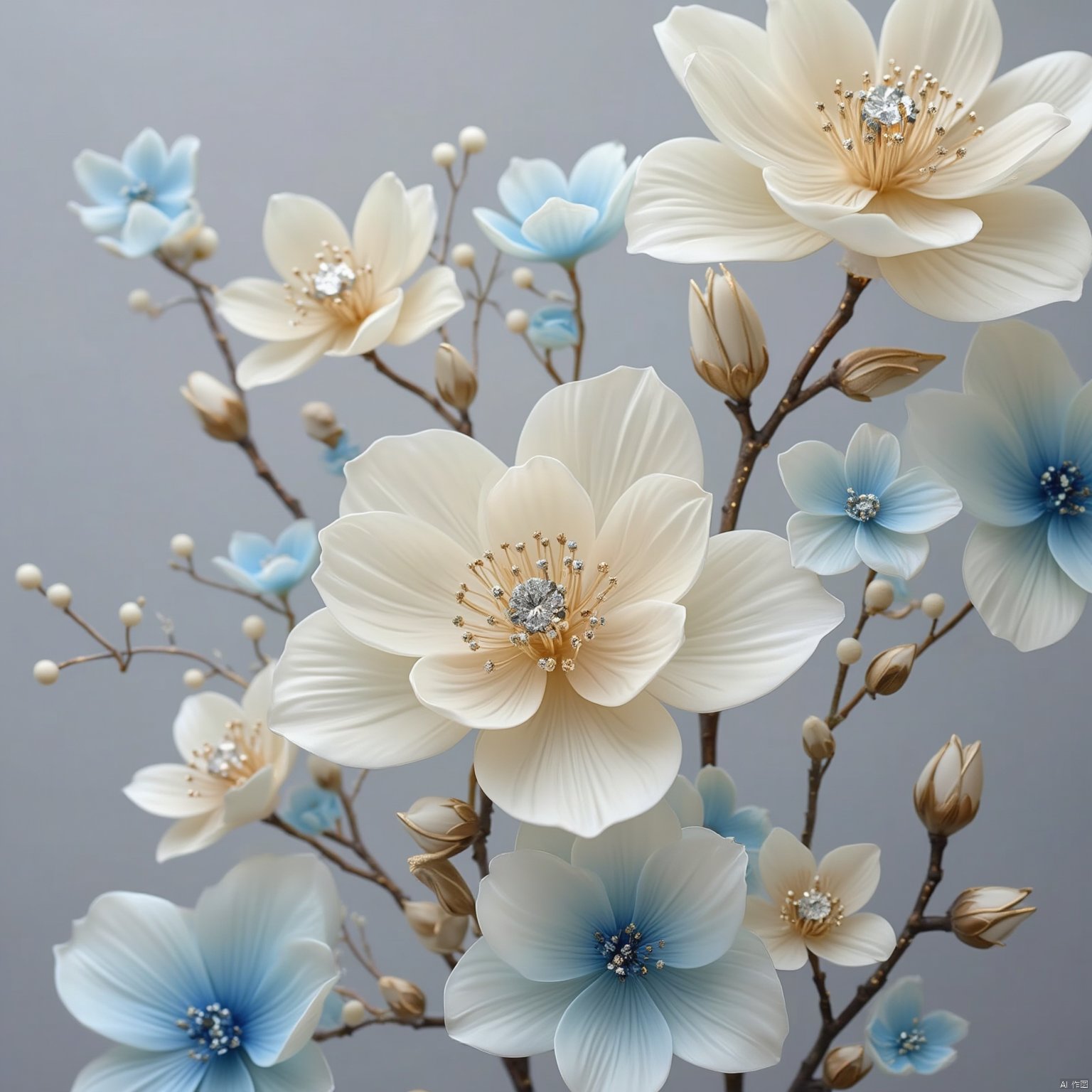 Flowers bloom
a close-up view of a white flower
adorned with a diamond in the center. The flower is encircled by a gold stem
adding a touch of contrast to the composition. The petals of the flower are a creamy white
while the petals are a lighter shade of white
with a darker shade of blue in the middle. The stem of the flowers are a darker brown
adding depth to the overall composition
