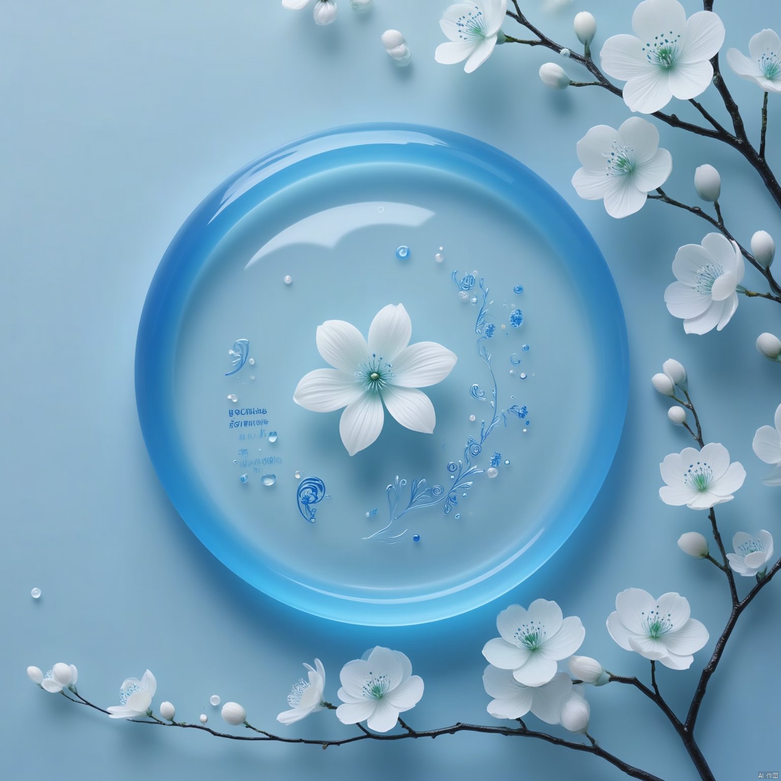 Flowers bloom
An eye-level view of a blue glass bowl with a white flower in the center of the bowl. The bowl is surrounded by a light blue background. The flower is adorned with blue swirls and dots
and there is a text written in a foreign language on the left side of the circle. To the right of the blue bowl is a tree branch with white flowers on it.