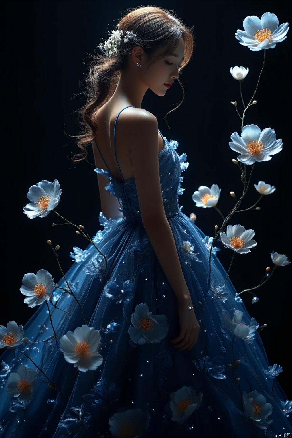 Flowers bloom
a woman stands in a stunning pose
her hair cascading in a ponytail
adorned with a few flowers
adding a touch of beauty to the scene. The woman's dress
a deep blue sleeveless dress adorned with white flowers
is adorned with tiny white stars. The backdrop is a deep black
creating a stark contrast to the blue dress.
