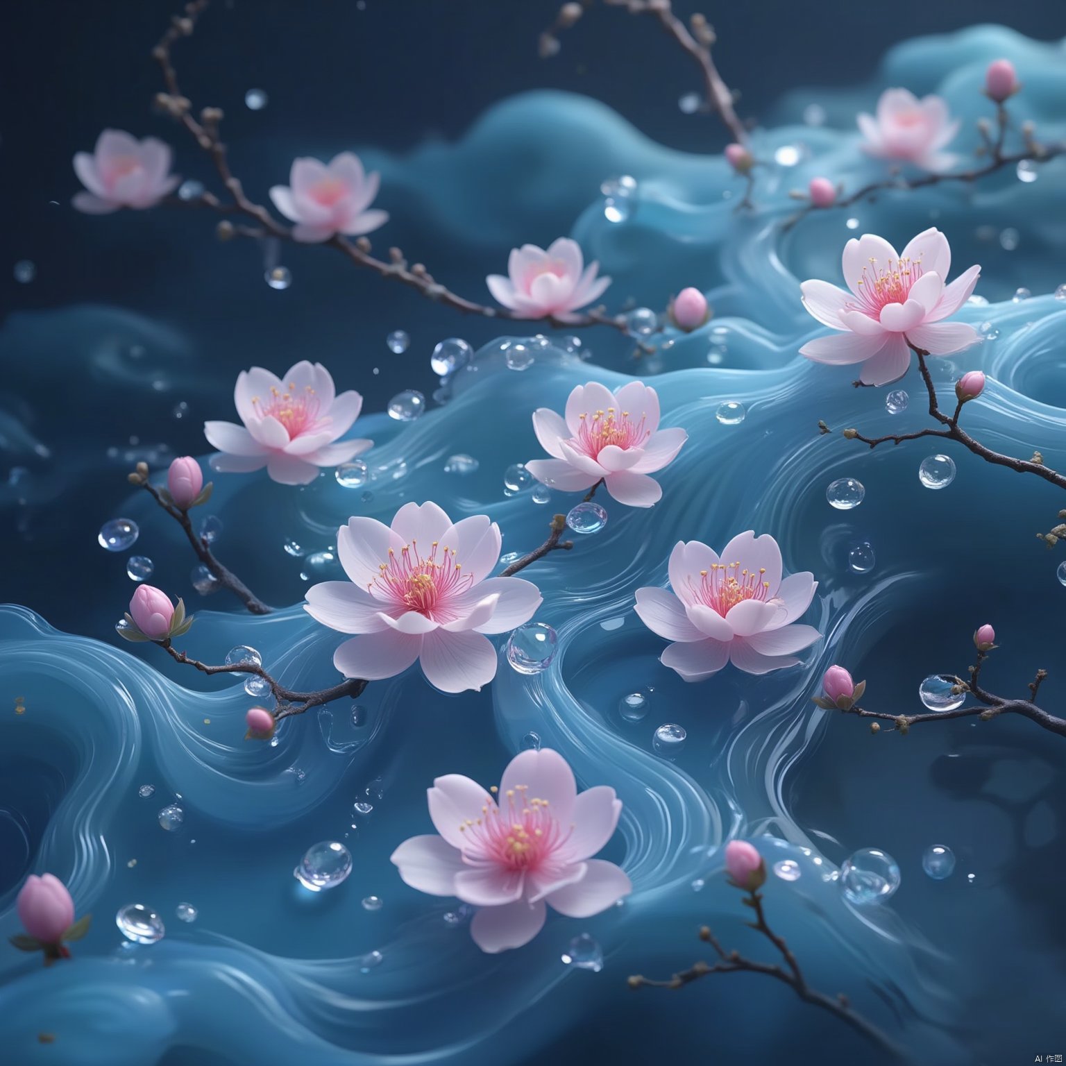 Flowers bloom
a vibrant pink cherry blossom is floating on a wavy blue water surface
adorned with tiny droplets of water. The petals of the blossoms are adorned with yellow stamens
adding a pop of color to the otherwise monochromatic scene. The background is a deep blue
creating a striking contrast to the pink flowers. The flowers are arranged in a way that creates a sense of movement
adding depth to the composition