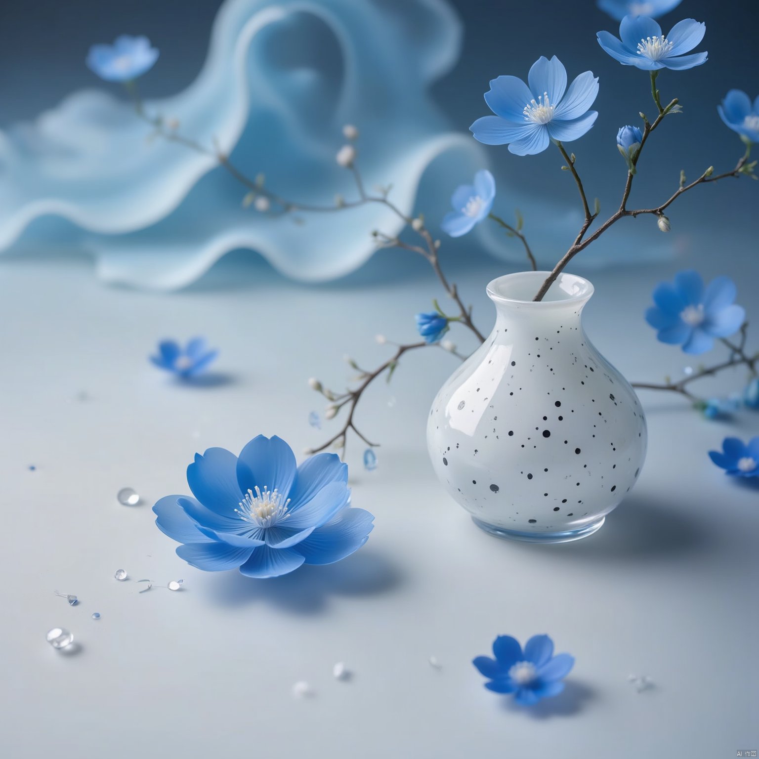 Flowers bloom
Captured from a high-angle perspective on a pristine white surface
adorned with a blue flower
adding a pop of color to the otherwise monochromatic scene. Adjacent to the flower
a white porcelain vase is adorned with small blue dots
adding depth to the composition. The vase
a transparent white
is adorned adorned with black dots
creating a stark contrast to the white surface. In the background
a swirly wave of water can be seen
adding to the overall composition.