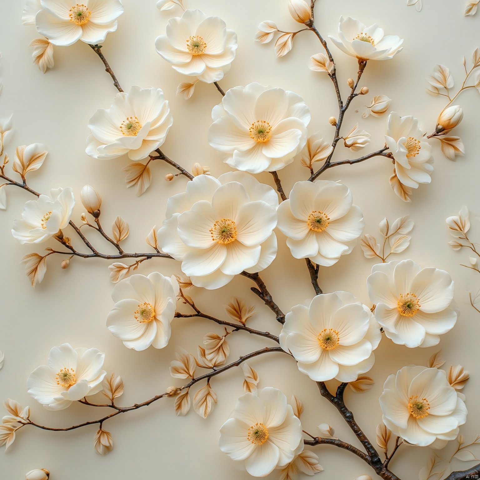 Flowers bloom
a close-up eye-level view of a light-colored floral pattern is seen on a white wall. The pattern features a cluster of white flowers
each blooming with a yellow center. The flowers are encircled by a dark brown branch
adding a touch of contrast to the composition. The background is a creamy white
with a hint of brown leaves
adding depth to the overall composition.
