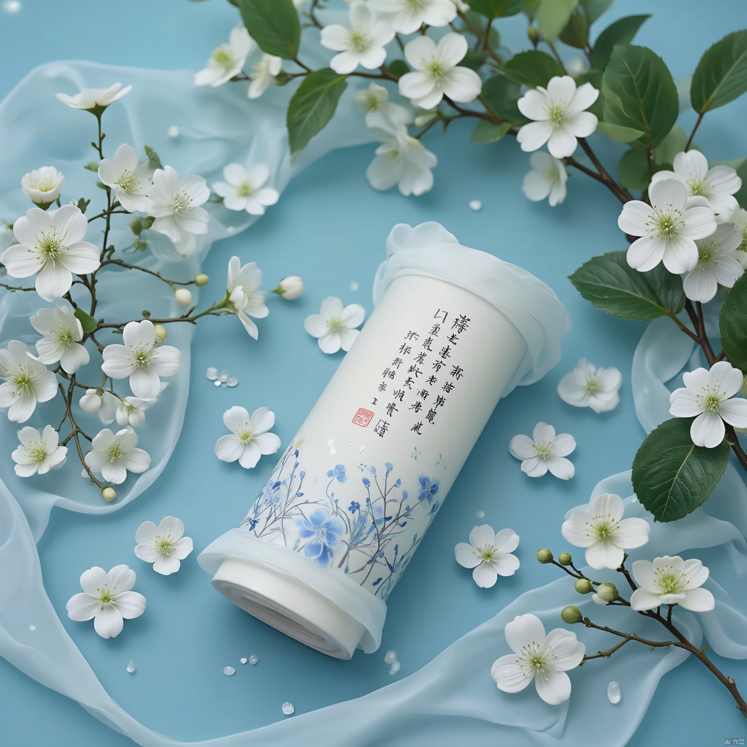 Flowers bloom
a white vase is adorned with a floral design
adorned with chinese characters. The vase rests on a light blue tablecloth
dotted with white flowers
adding a touch of color to the scene. Adjacent to the vase
a branch with green leaves and white flowers is visible
adding depth to the composition. The flowers are arranged in a way that creates a sense of depth and composition.