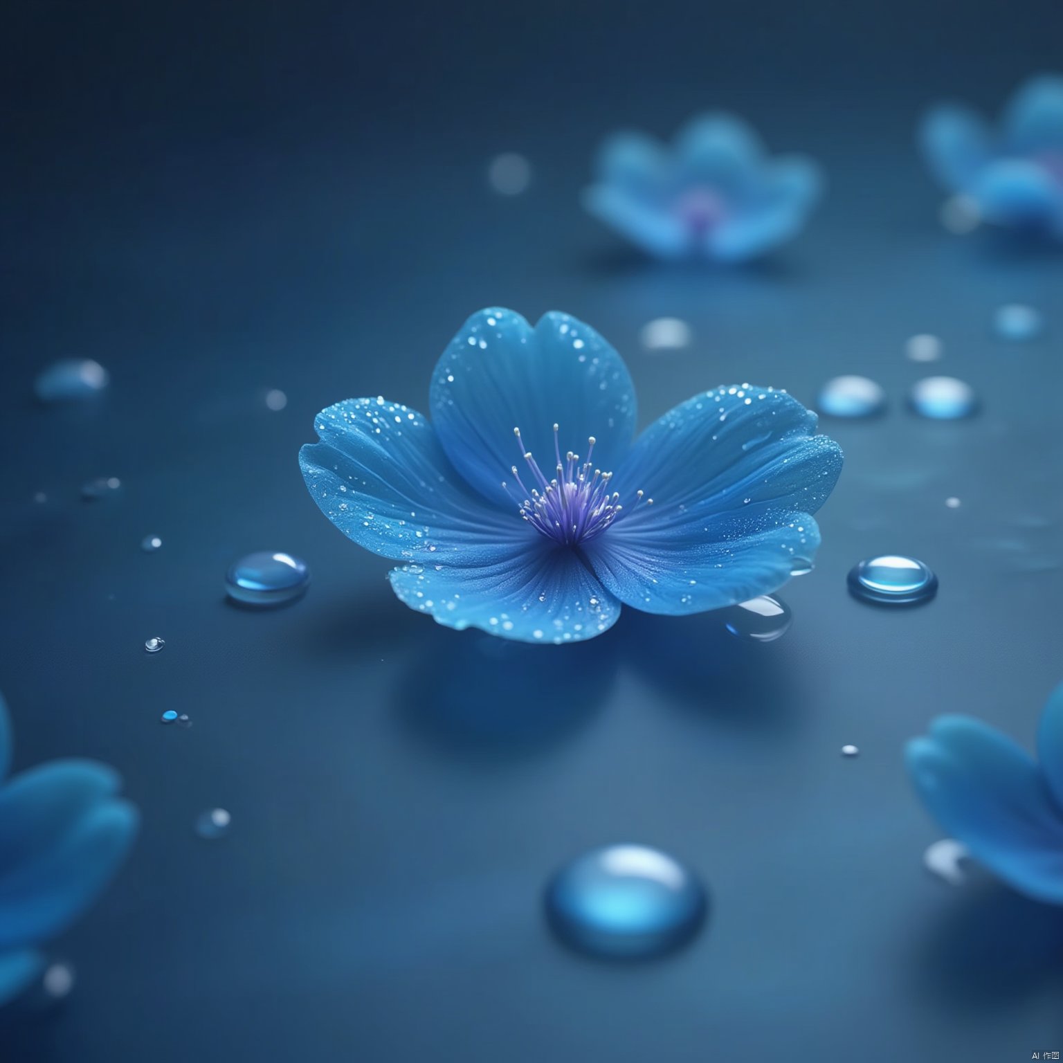 Flowers bloom
a vibrant blue flower is floating on a dark blue surface
its petals glistening with water droplets. The flower's petals are a deep
vibrant shade of blue
with a hint of purple
adding a pop of color to the otherwise monochromatic scene. The petals of the flower are adorned with a few small white dots
adding depth to the composition. The background is blurred
creating a stark contrast to the blue surface.
