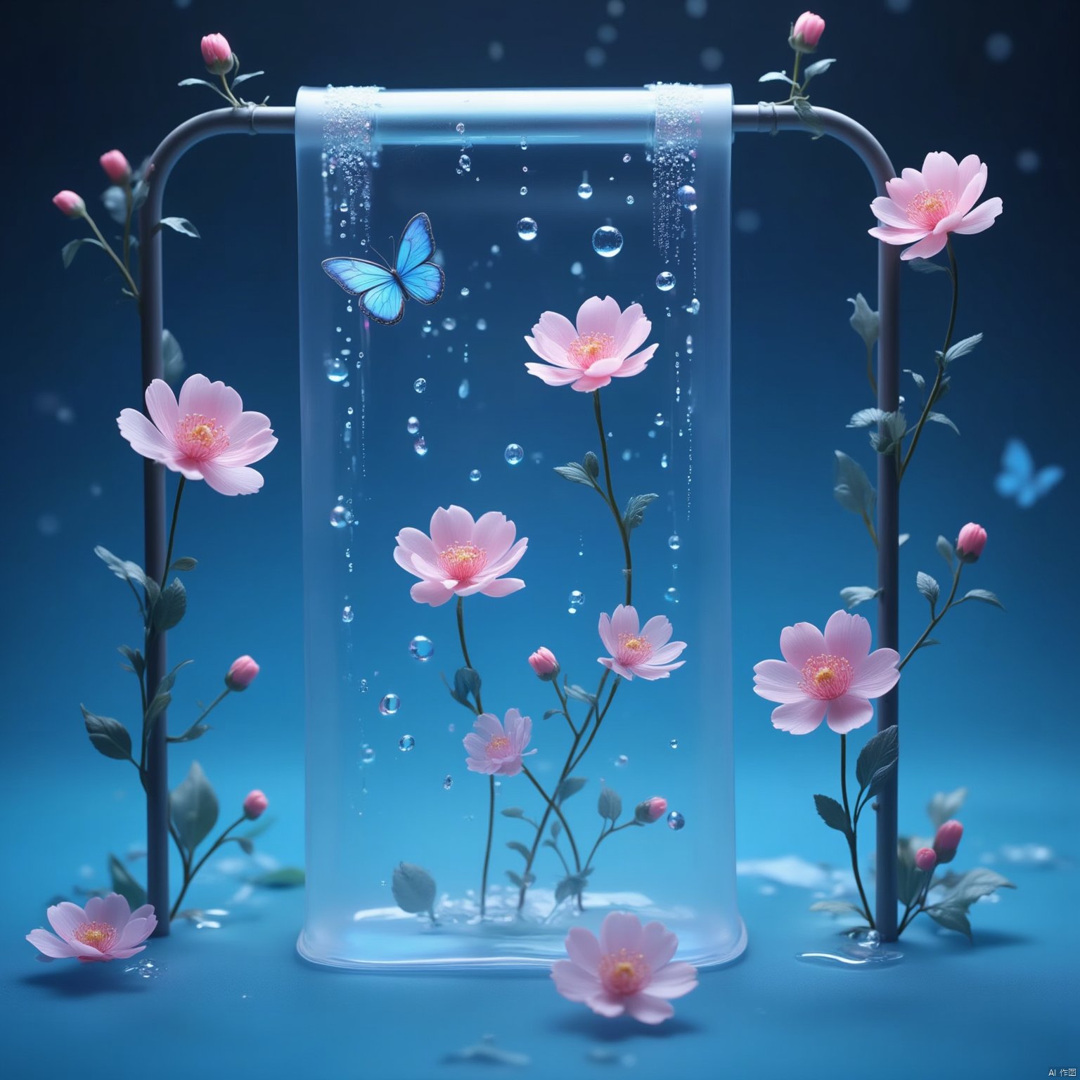 Flowers bloom
Captured in a vibrant blue backdrop
a glass vase is adorned with water droplets
adorned with a blue butterfly. The vase
a transparent transparent glass
is flanked by two metal poles
each with a thin stem and leaves. The flowers
painted pink
are floating in the water
adding a pop of color to the scene. The water is a deep blue
creating a stark contrast to the pink flowers. The background is blurred
adding depth to the composition.
