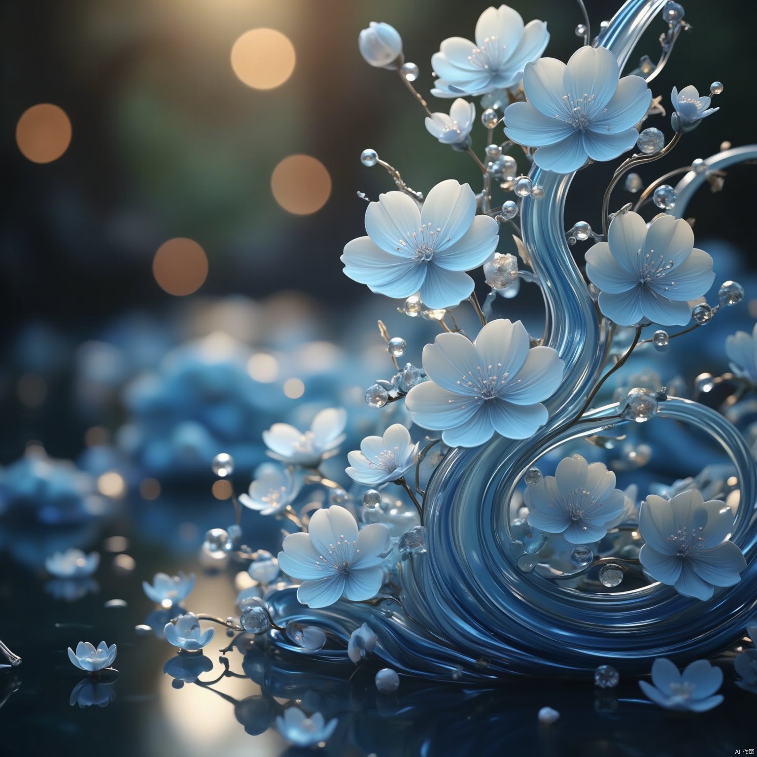 Flowers bloom
a vibrant blue glass vase is adorned with a wavy design
adorned with white flowers. The flowers are adorned with tiny pearls
adding a touch of sparkle to the composition. The vase
perched on a dark brown surface
reflects the light of the water
creating a stunning contrast to the vase. The background is blurred
adding depth to the scene.
