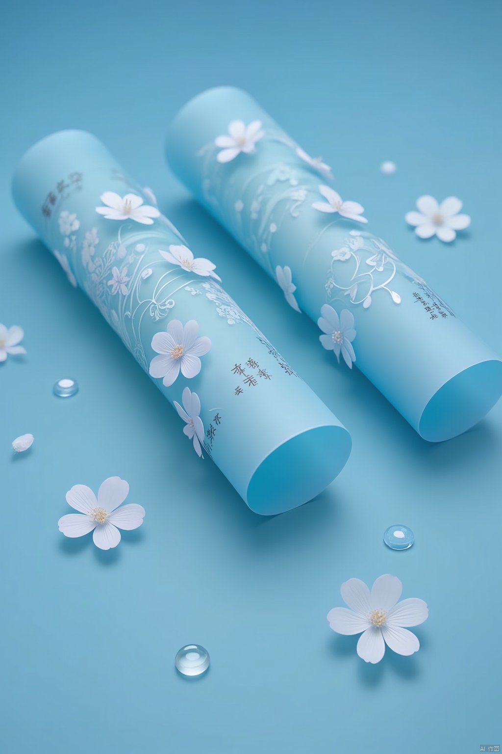 Flowers bloom
two blue rolled rolled up paper rolls are adorned with white flowers and chinese characters. The rolls are lying on a light blue surface
creating a stark contrast with the light blue background. The paper rolls
adorned with a floral design
adding a touch of color to the scene. The flowers
also adorned with the white flowers
are scattered across the surface
adding depth to the composition. A single water drop is visible on the left side of the image.