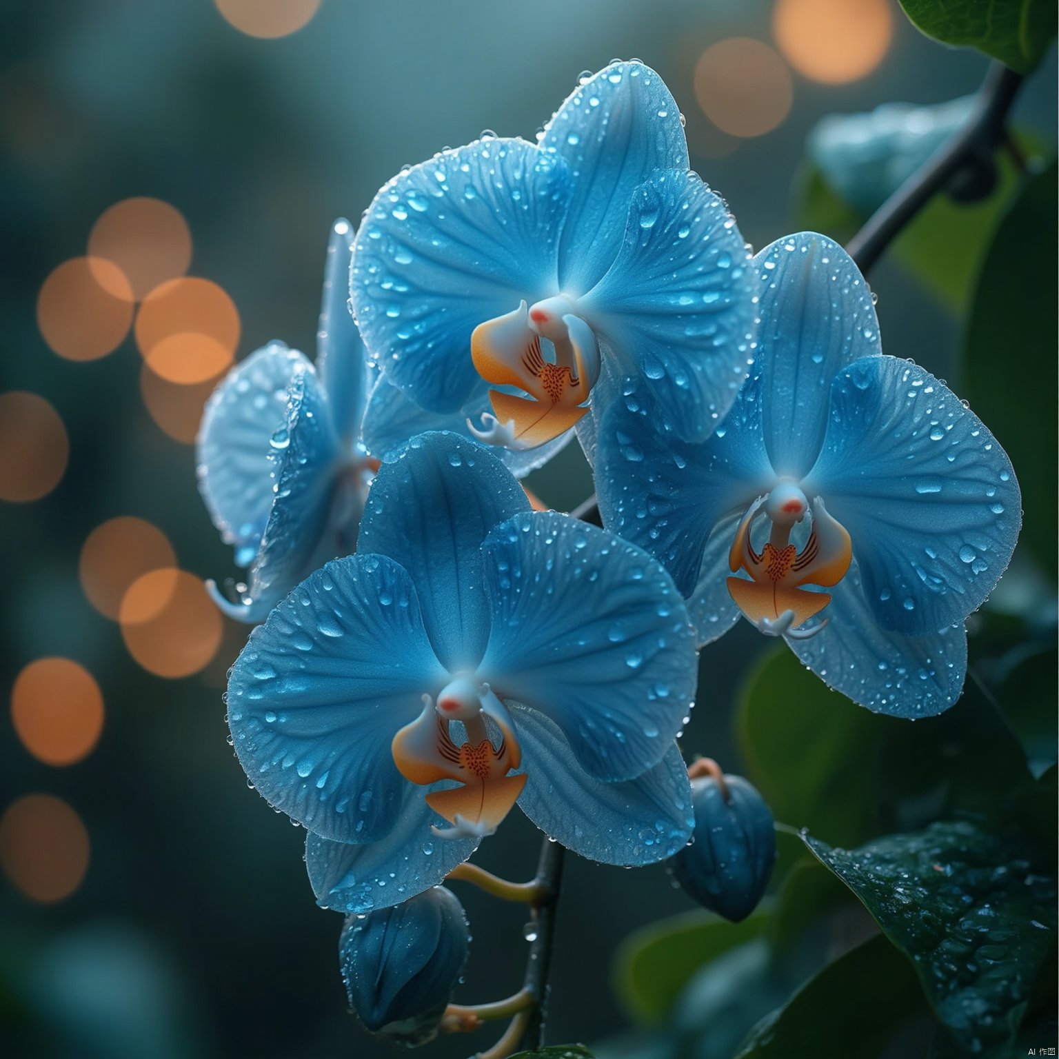 Flowers bloom
A close-up view of a cluster of blue orchids with water droplets on them. The background is blurred
but we can see the leaves and stems of the orchid. The orchid's petals are covered in water drops
adding a touch of color to the scene. The petals of the flowers are a deep blue
while the center of the flower is a lighter shade of blue
with a few orange petals.
