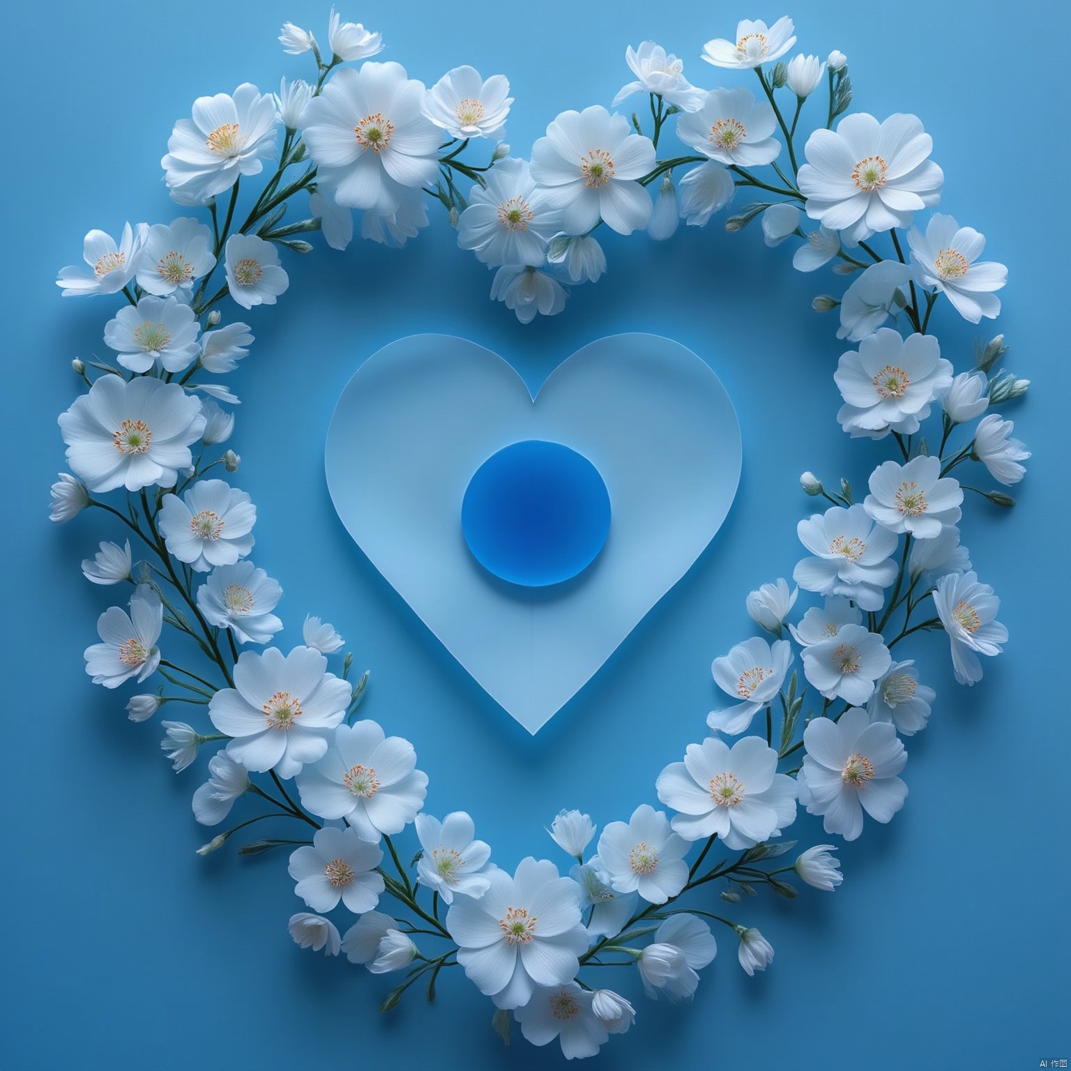 Flowers bloom
a vibrant blue heart-shaped piece of paper is adorned with a blue circle in the center. The paper is encircled by a bouquet of white flowers
adding a touch of color to the otherwise monochromatic scene. The flowers are arranged in a symmetrical pattern
adding depth and texture to the composition. The heart-like structure is adorned in a blue center
creating a striking contrast against the blue background. The petals of the flowers are a crisp white
while the petals are a lighter shade of blue. The leaves of the bouquet are a darker shade of green
adding to the overall composition of the image.
