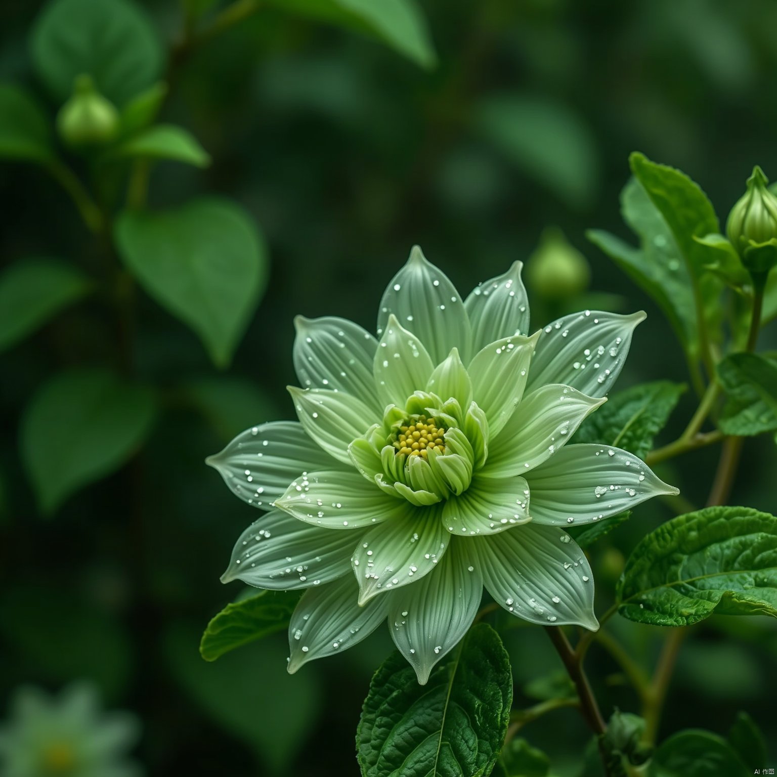 Flowers bloom
a vibrant green flower
adorned with tiny white dots
stands out against a backdrop of lush green foliage. The flower's petals
a stark contrast of white and green
is adorned with a yellow center
adding a pop of color to the otherwise monochromatic image. The petals are adorned with small white dots that add a touch of contrast to the green leaves
creating a striking contrast. The background
blurred
creates a sense of depth and composition.
