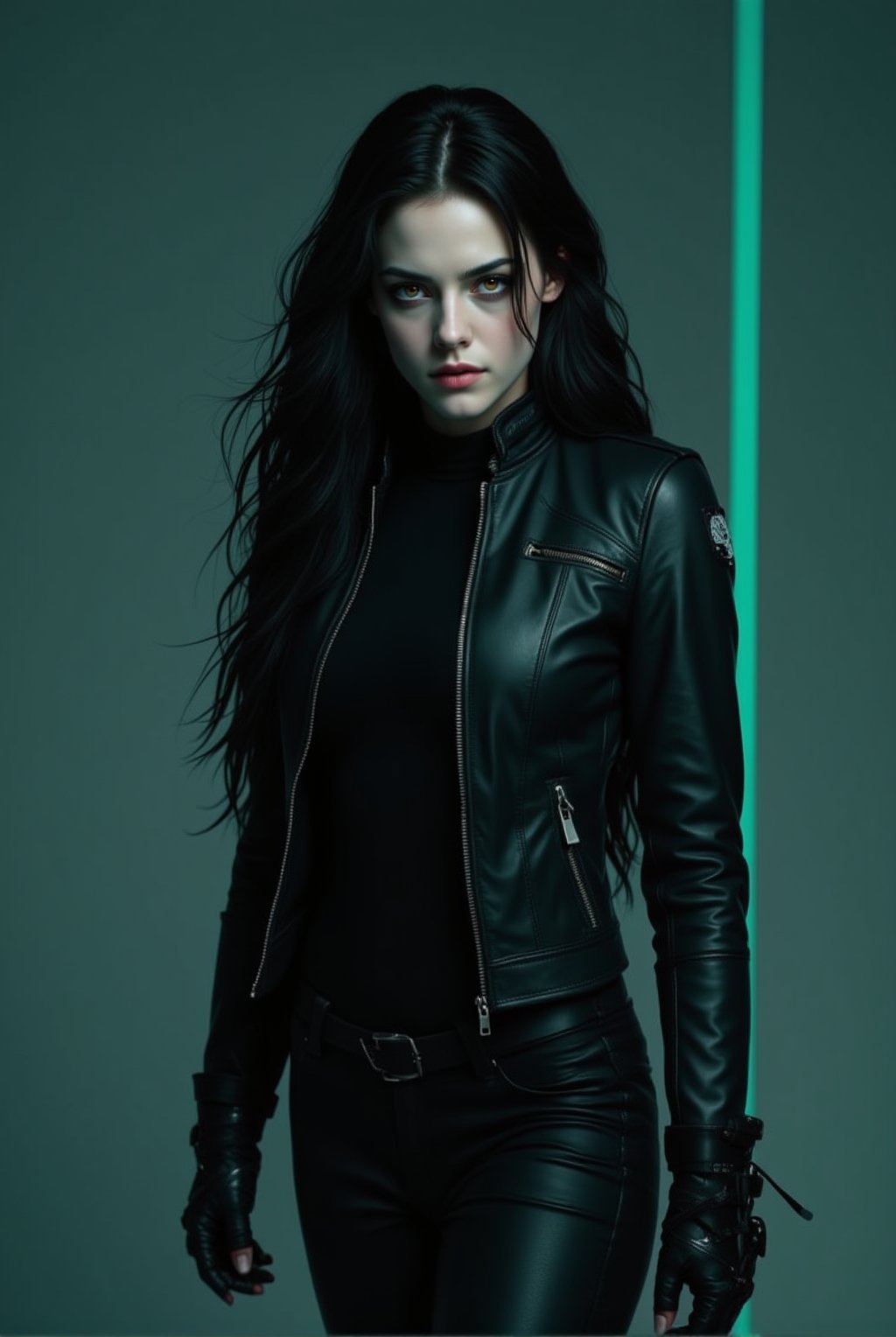 A sleek and elegant 20-year-old vampire woman,beauy_ks01, with pale skin and long black hair, moves with quiet confidence. Her crimson eyes, sharp but compassionate, reflect her resolve to fight for justice. Dressed in a fitted black leather jacket and combat boots, she wields her vampiric strength not to harm, but to protect the innocent. Despite her dark nature, she stands as a noble guardian, blending beauty, power, and a deep sense of righteousness. Vibrant colors,Ivory and mint colors.(masterpiece,best quality,32K,UHD,HDR,realistic,detailed,sharp focus,high contrast,rule of thirds,depth of perspective,award-winning photo,chiaroscuro lighting)