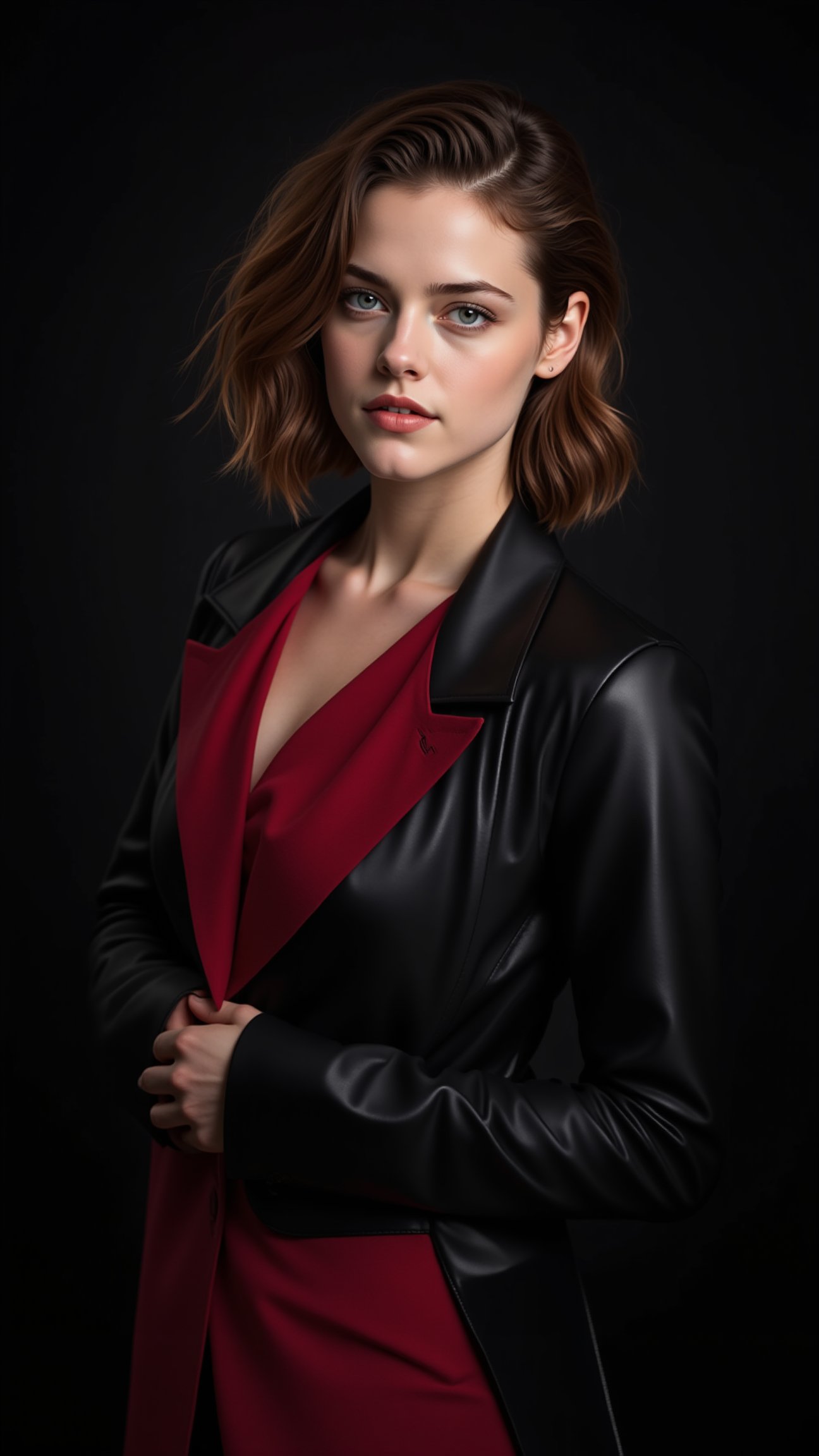 A beautiful girl,20yo,kristen stewart lookalike,detailed exquisite face,soft shiny skin,blue eyes,mesmerizing,perfect female form,elegant jacket,Black and Wine Red colors,looking at viewer,simple background,head to thigh shot.((masterpiece,best quality,32K,UHD,HDR,realistic,detailed,sharp focus,high contrast,rule of thirds,depth of perspective,award-winning photo,chiaroscuro lighting))