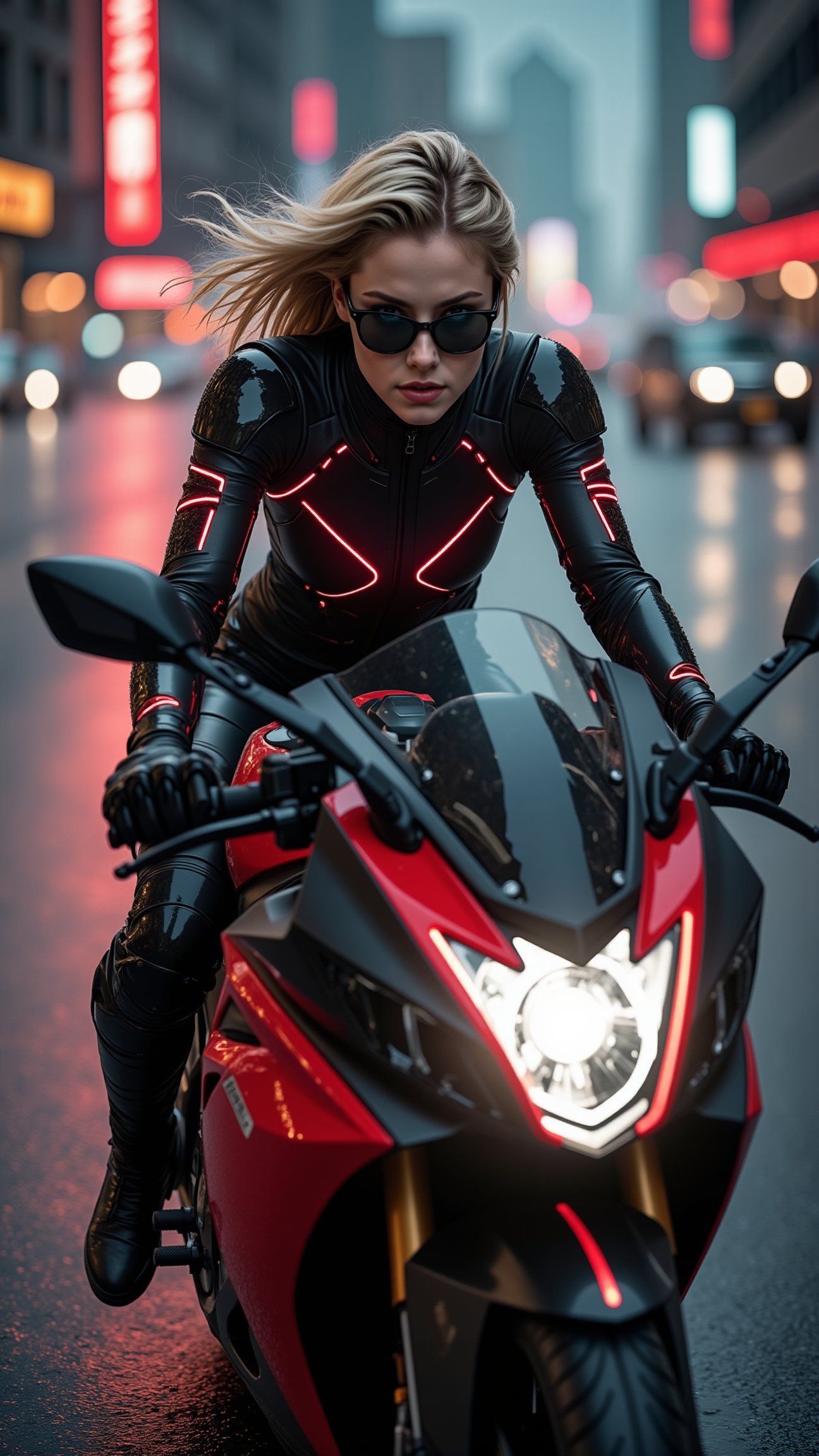 a cyborg girl in mecha armor. beauy_ks01, black and red colored armor. neon light lines glowing, exquisite face, soft shiny skin, blonde hair blowing, sunglasses, riding a motor cycle,kawasaki ninja h2r at high speed,city street backdrop,puddles,focused expression,dark.((masterpiece,best quality,32K,UHD,HDR,realistic,detailed,sharp focus,high contrast,rule of thirds,depth of perspective,award-winning photo,chiaroscuro lighting))