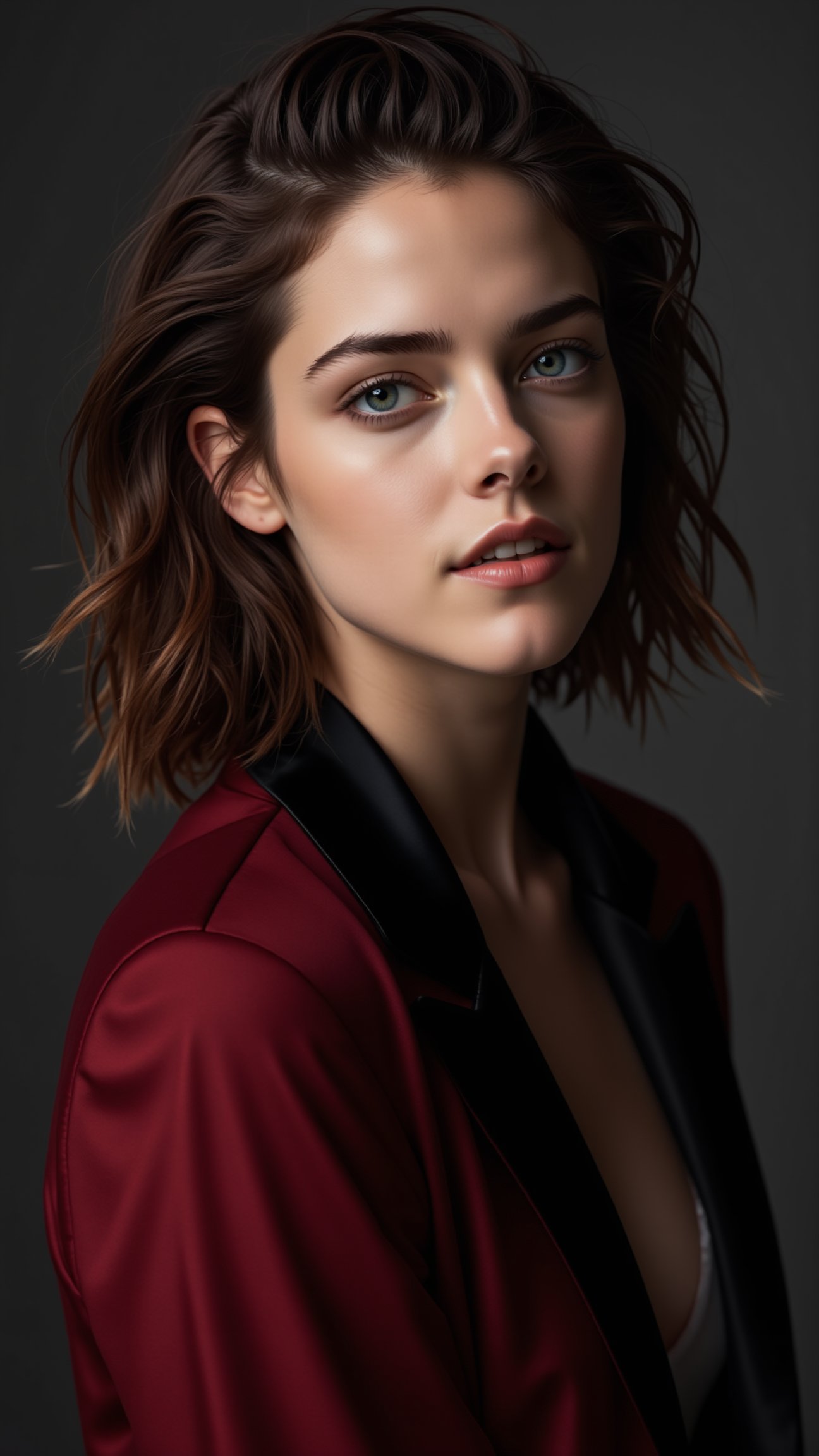 A beautiful girl,20yo,kristen stewart lookalike,detailed exquisite face,soft shiny skin,blue eyes,mesmerizing,perfect female form,elegant jacket,Black and Wine Red colors,looking at viewer,simple background,head to thigh shot.((masterpiece,best quality,32K,UHD,HDR,realistic,detailed,sharp focus,high contrast,rule of thirds,depth of perspective,award-winning photo,chiaroscuro lighting))