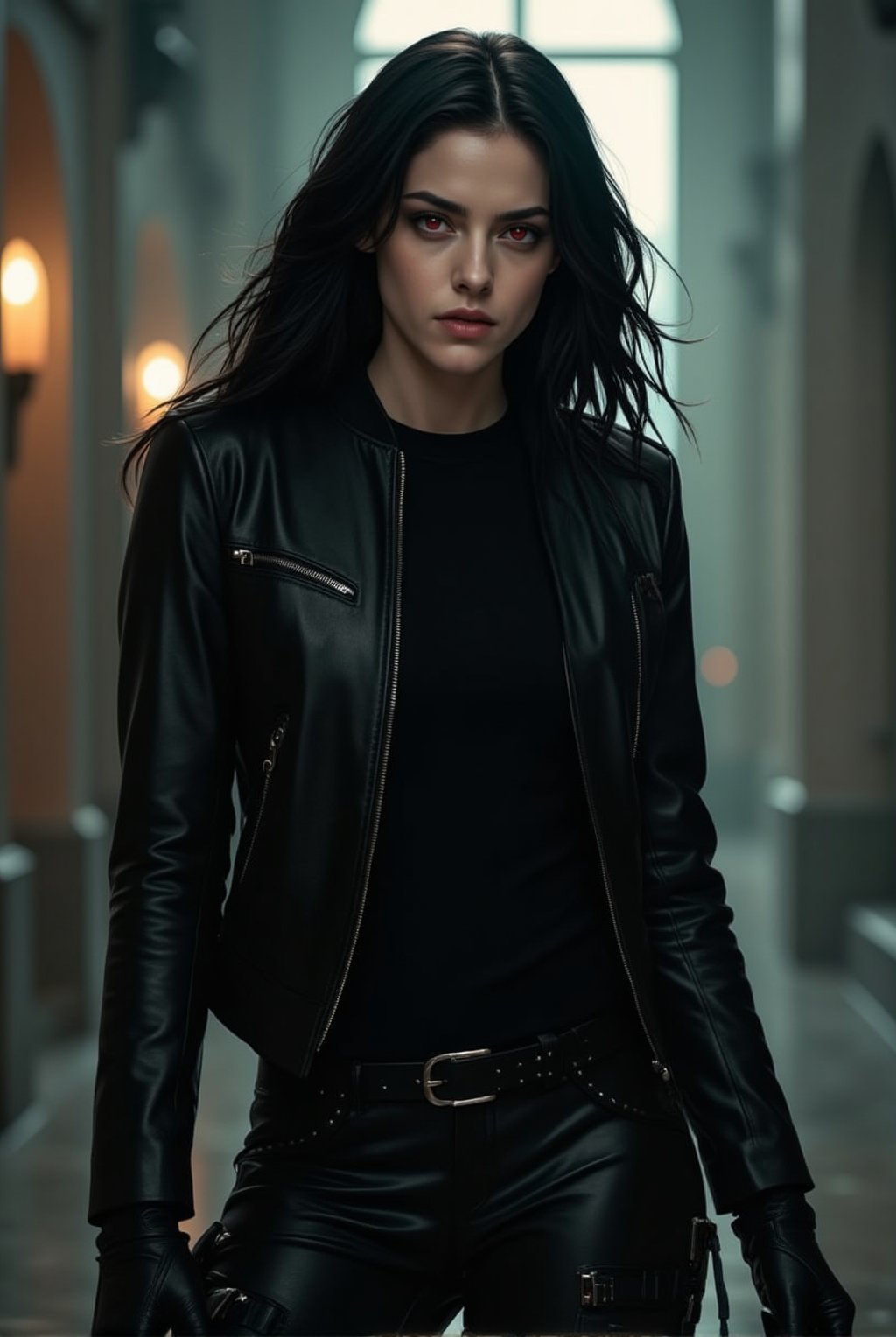 A sleek and elegant 20-year-old vampire woman,beauy_ks01, with pale skin and long black hair, moves with quiet confidence. Her crimson eyes, sharp but compassionate, reflect her resolve to fight for justice. Dressed in a fitted black leather jacket and combat boots, she wields her vampiric strength not to harm, but to protect the innocent. Despite her dark nature, she stands as a noble guardian, blending beauty, power, and a deep sense of righteousness. Vibrant colors,Ivory and mint colors.(masterpiece,best quality,32K,UHD,HDR,realistic,detailed,sharp focus,high contrast,rule of thirds,depth of perspective,award-winning photo,chiaroscuro lighting)