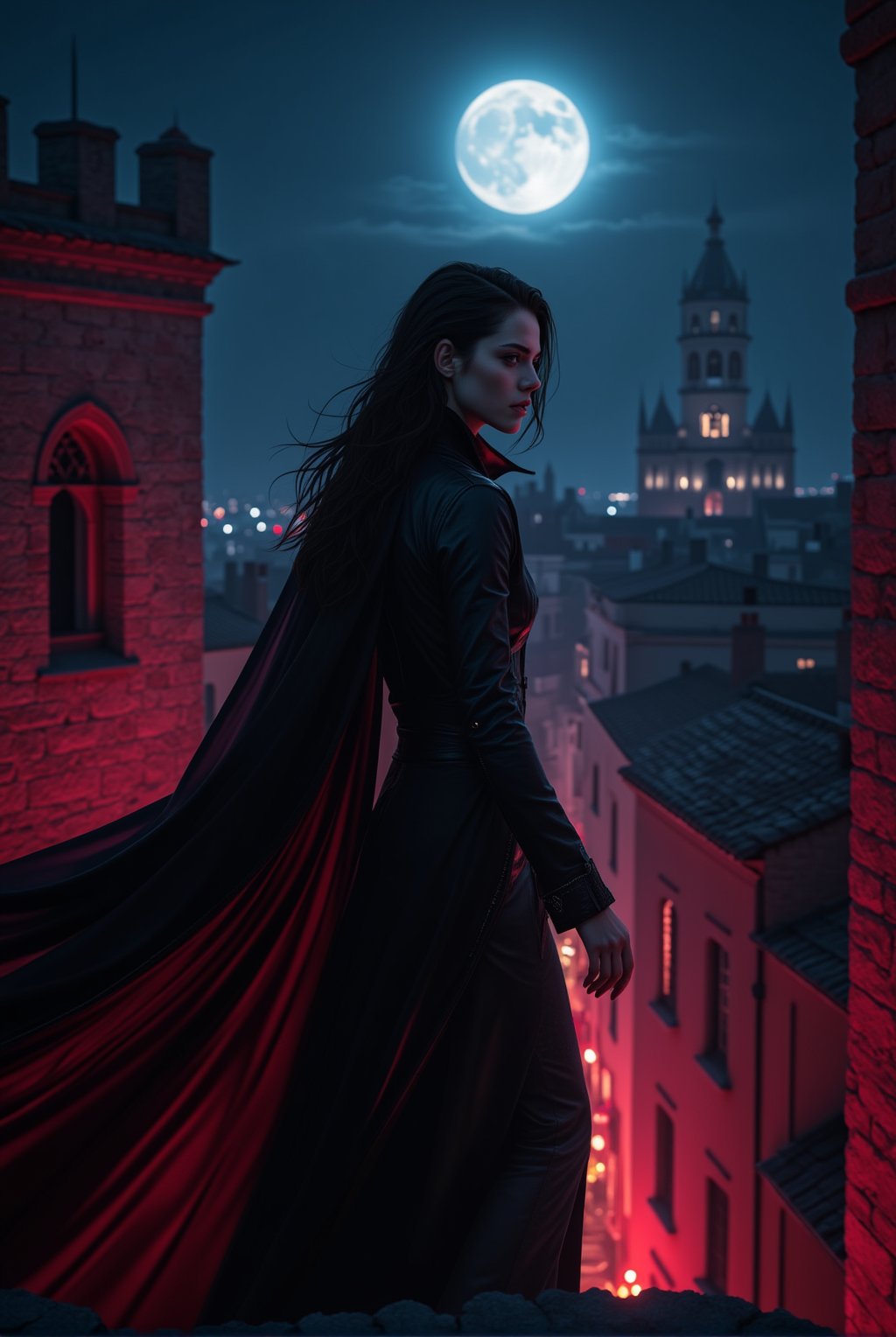 Luna Valen glides through the ancient city, her black leather jacket fluttering in the cool night air. The moonlight bathes the stone buildings as her crimson eyes scan the streets from a cathedral rooftop. Silent and swift, she moves like a shadow, always watching over the vulnerable. In a dark alley, a group of thugs harasses an innocent, but before they know it, Luna appears, her presence freezing them in fear. "There’s no place for evil here," she whispers, her voice calm yet authoritative. With a swift motion, they flee, and Luna vanishes back into the shadows, leaving only the memory of her protection. vibrant colors,magenta and dark red colors.(masterpiece,best quality,32K,UHD,HDR,realistic,detailed,sharp focus,high contrast,rule of thirds,depth of perspective,award-winning photo,chiaroscuro lighting),beauy_ks01