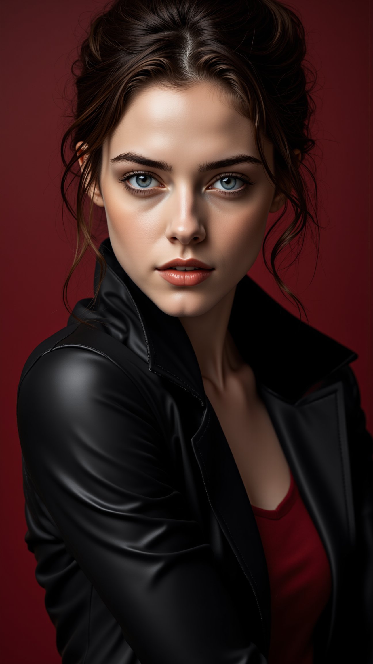 A beautiful girl,20yo,kristen stewart lookalike,detailed exquisite face,soft shiny skin,blue eyes,mesmerizing,perfect female form,elegant jacket,Black and Wine Red colors,looking at viewer,simple background,head to thigh shot.((masterpiece,best quality,32K,UHD,HDR,realistic,detailed,sharp focus,high contrast,rule of thirds,depth of perspective,award-winning photo,chiaroscuro lighting))