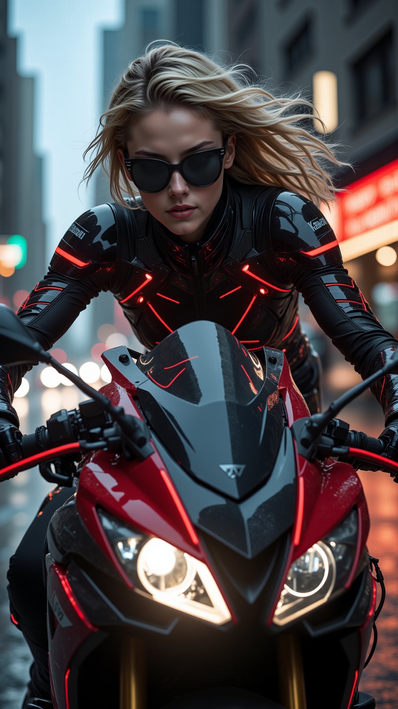 a cyborg girl in mecha armor. beauy_ks01, black and red colored armor. neon light lines glowing, exquisite face, soft shiny skin, blonde hair blowing, sunglasses, riding a motor cycle,kawasaki ninja h2r at high speed,city street backdrop,puddles,focused expression,dark.((masterpiece,best quality,32K,UHD,HDR,realistic,detailed,sharp focus,high contrast,rule of thirds,depth of perspective,award-winning photo,chiaroscuro lighting))