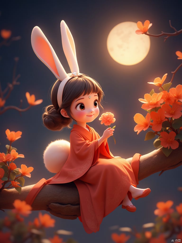 In a serene midnight blue setting, a medium-sized cartoon rabbit sits poised on a curved wooden branch wrapped in a vibrant red ribbon. Dressed in a crimson kimono, the rabbit cradles a delicate pink flower in her hand. Her dark brown locks flow down her back like a waterfall, secured by a white headband and tied into a ponytail. Two sparkling white eyes gaze softly ahead. A gleaming white bow adorns her forehead, adding a touch of whimsy to the scene. In the upper right corner, a glowing moon casts a silvery light, surrounded by a bouquet of bright orange flowers that burst forth in a splash of color against the dark background.