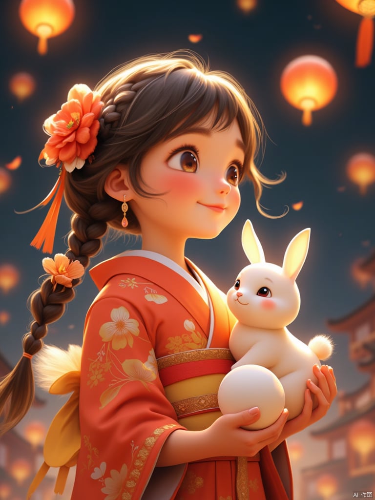 a medium-sized Asian girl, dressed in a traditional Japanese kimono, is adorned with a white rabbit in her right hand. Her left hand is holding a white ball in her left hand, while the right hand holds a small white rabbit. The girl's hair is tied up in a braid, adorned with flowers, adding a touch of color to the scene. The background is a deep blue, with a few orange lanterns floating in the air, creating a vibrant contrast to the girl's outfit.