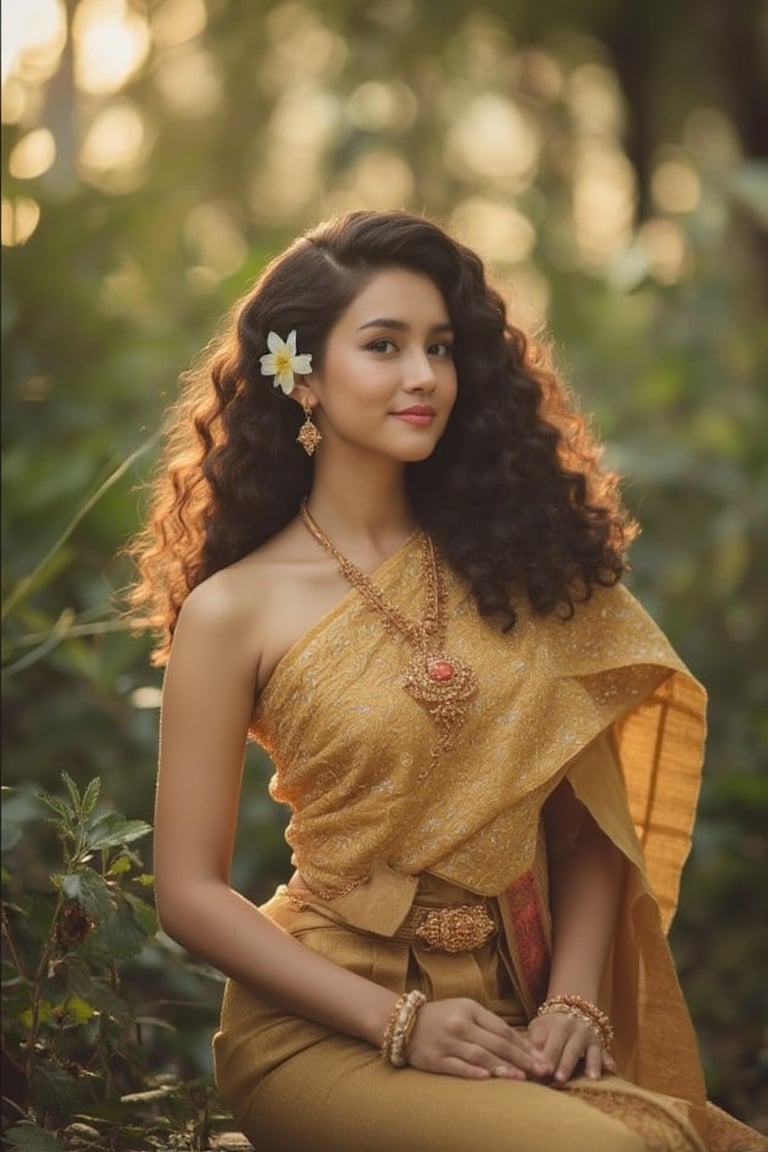 A serene and captivating portrait of a Thai girl. The subject sits elegantly amidst a lush forest, adorned in a golden traditional Thai dress, her curly brown locks framing her radiant face. Her smile, though closed-mouthed, still conveys warmth as subtle dimples appear on her cheeks. Delicate flowers adorn her hair, adding a touch of whimsy to the composition. The warm sunlight filters through the trees, casting gentle rays that illuminate her features and the intricate details of her dress.