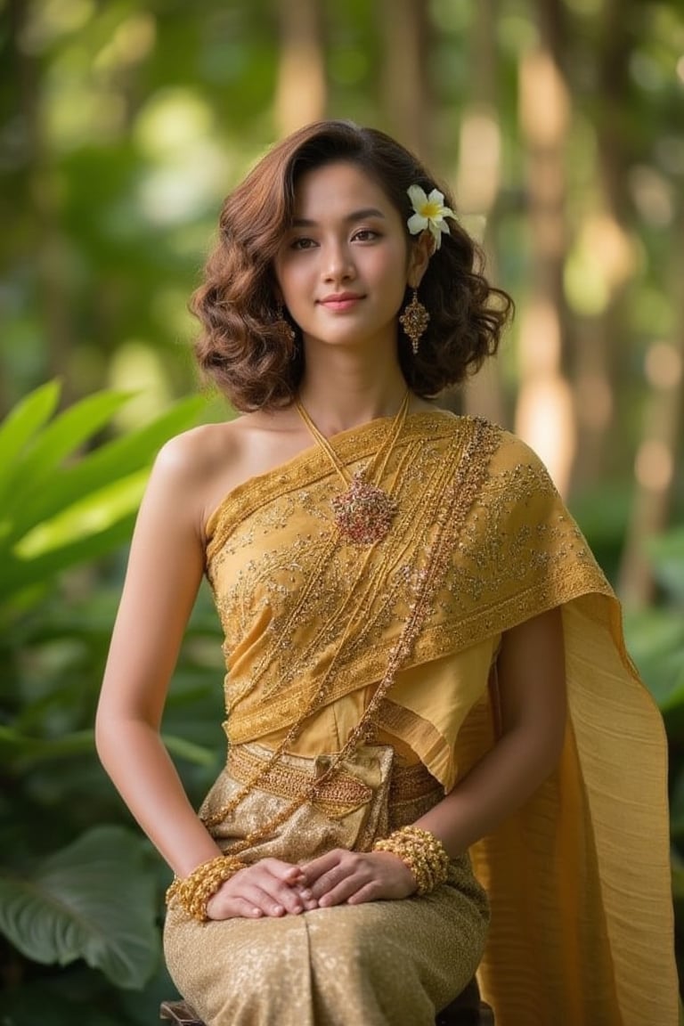 A serene and captivating portrait of a Thai girl. The subject sits elegantly amidst a lush forest, adorned in a golden traditional Thai dress, her curly brown locks framing her radiant face. Her smile, though closed-mouthed, still conveys warmth as subtle dimples appear on her cheeks. Delicate flowers adorn her hair, adding a touch of whimsy to the composition. The warm sunlight filters through the trees, casting gentle rays that illuminate her features and the intricate details of her dress.