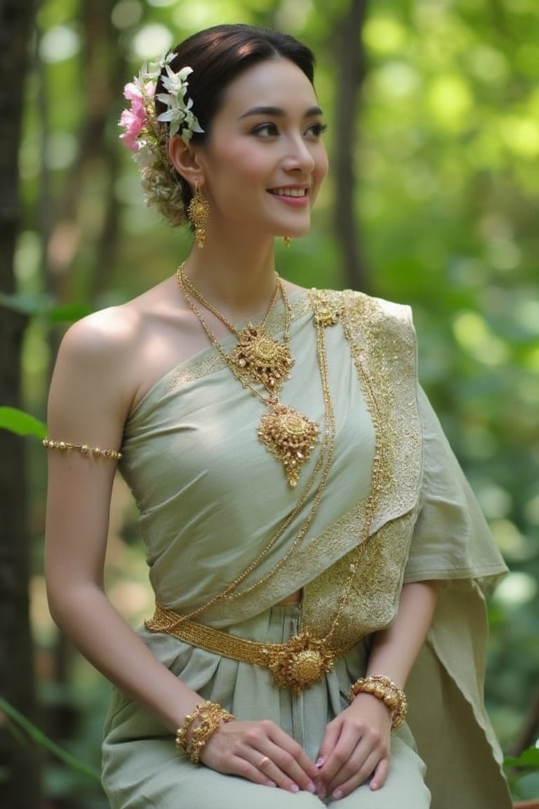 Portrait of Thai girl , slim body shape, navel, smile with dimples, mouth closed , flowers ornaments, light green Thai dress, sitting elegant in the forest, sunlight rays, necklaces, bracelets , shoulders shot