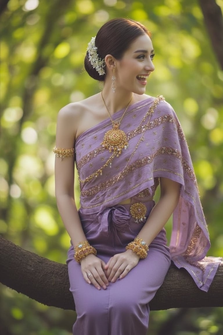 Portrait of German girl , slim body shape, navel, smile with teeth , flowers ornaments, light purple Thai dress, sitting elegant in the forest, sunlight rays, necklaces, bracelets