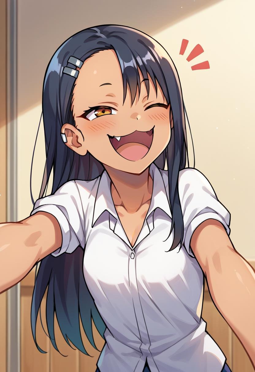 score_9,score_8_up, score_7_up, source_anime, rating_safe, 1girl, solo, hayase_nagatoro, :3, smug, open_mouth, laughing, skin_fang <lora:catmouth:1.0>