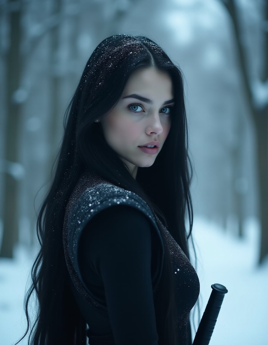 A majestic shot unfolds: a stunning European angelic-faced woman, Yennifer-esque, stands tall amidst the snowy forest, her raven-black locks cascading down her back like a waterfall of night. Her porcelain-white skin glows under the cold, icy lighting, accentuating her ethereal features and piercing blue eyes that seem to pierce through the frosty air. She's dressed in a sleek black outfit, complete with a sword at her side, as if ready to face the winter's chill head-on. The camera frames her majestically, capturing the stark beauty of the frozen forest around her.