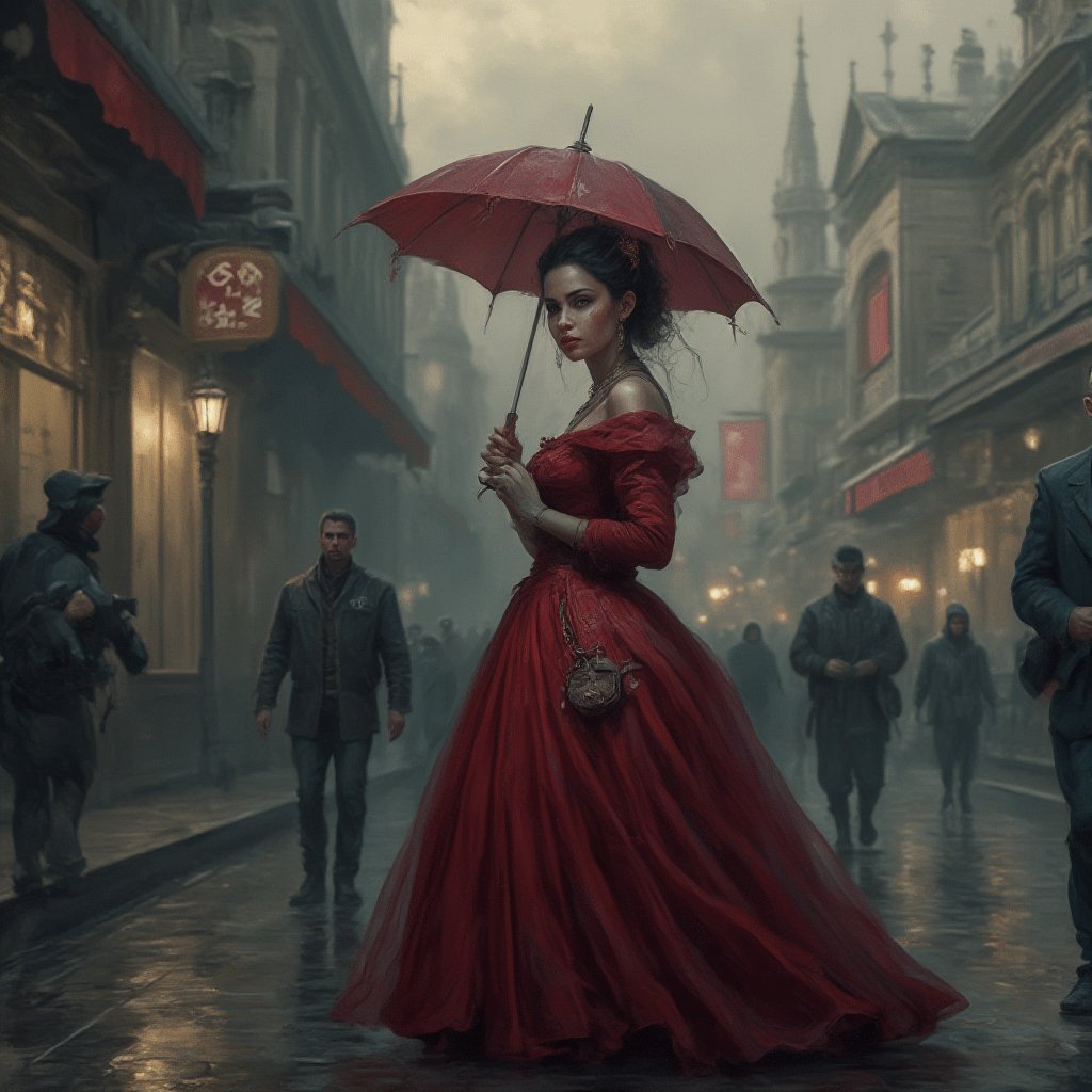 victorianox, portrait of a beautiful girl wearing red gown, walking on the street, holding an umbrella