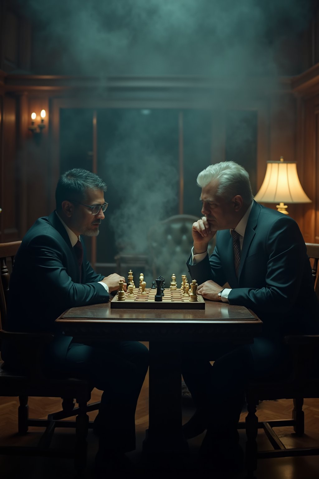 A dimly lit, smoke-filled room, reminiscent of a vintage library. thunivu ajith, sits across from elon musk in a worn wooden chair. The sound of chess pieces clicking fills the air as they intensely focus on their game. A single table lamp casts a warm glow on the players' faces, highlighting their concentrated expressions.