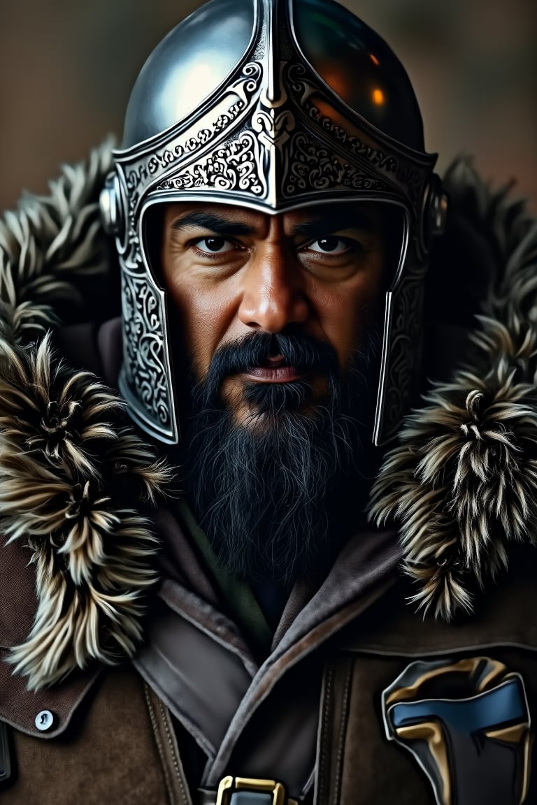 A stoic thunivu ajith in a metallic, antique helmet adorned with intricate engravings, partially obscured by a fur-lined cloak. thunivu ajith is centrally positioned, facing the camera, background is plain. deep browns and muted grays that highlight the warrior's rugged attire. High detail in textures, emphasizing the contrast between the polished metal of the helmet and the coarse, weathered fabric of the cloak, adds depth to the image.