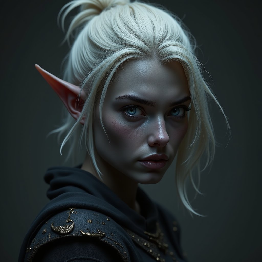 1girl, (masterpiece,score_9,score_8_up,score_7_up,score_6_up),girl, female elf, pointy ears, solo,   
,FluxBoost,
((perfect lighting, illuminating all the skin and face)).

(((20 years old))),  ((sharp focus)), (((light armor, very light armor))),
((((portrait of the face, many details, very attractive))),

((((Triss)))), ((light blue eyes)), ((glowing eyes)), ((short ears, horizontal ears)), ((very athletic, highly intelligent))
((strands in face)), ((attractive blond hair, medium hair, hair bun, wind in hair))

