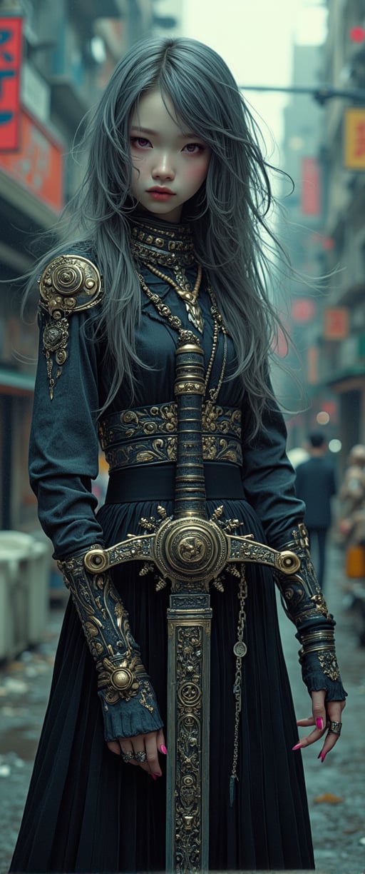 A stunning masterpiece of a photograph captures the essence of Xianji subculture. The subject, a young woman with long, platinum-black hair featuring pink tips, stands tall in a dystopic urban setting. Her gaze meets the viewer's, her red eyes gleaming with an air of mystery. A flowing pleated skirt, adorned with intricate jewelry and nail polish, flows behind her like a river of darkness. The crowning glory is the sword she wields, a mechanical marvel of gears, chains, and rivets that seems almost otherworldly. Her frailty is juxtaposed against this mechanical behemoth, creating an air of contrast that is both captivating and unsettling. Framed by an urban backdrop, this photograph exudes a sense of youthful rebellion and whimsy, inviting the viewer to step into its world.