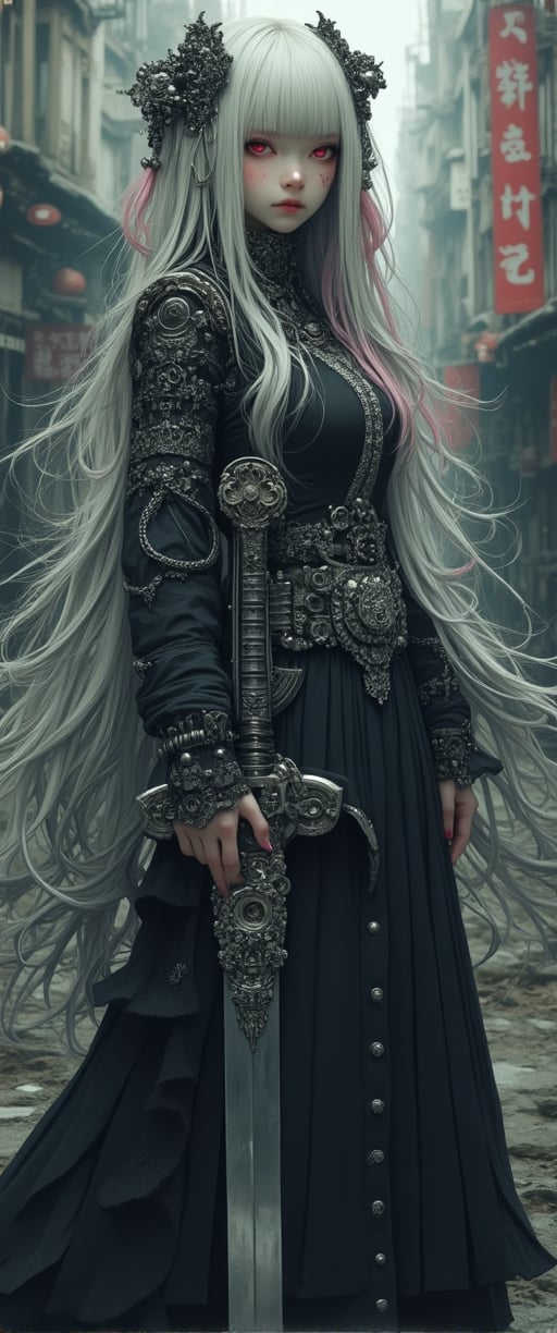 A stunning masterpiece of a photograph captures the essence of Xianji subculture. The subject, a young woman with long, platinum-black hair featuring pink tips, stands tall in a dystopic urban setting. Her gaze meets the viewer's, her red eyes gleaming with an air of mystery. A flowing pleated skirt, adorned with intricate jewelry and nail polish, flows behind her like a river of darkness. The crowning glory is the sword she wields, a mechanical marvel of gears, chains, and rivets that seems almost otherworldly. Her frailty is juxtaposed against this mechanical behemoth, creating an air of contrast that is both captivating and unsettling. Framed by an urban backdrop, this photograph exudes a sense of youthful rebellion and whimsy, inviting the viewer to step into its world.