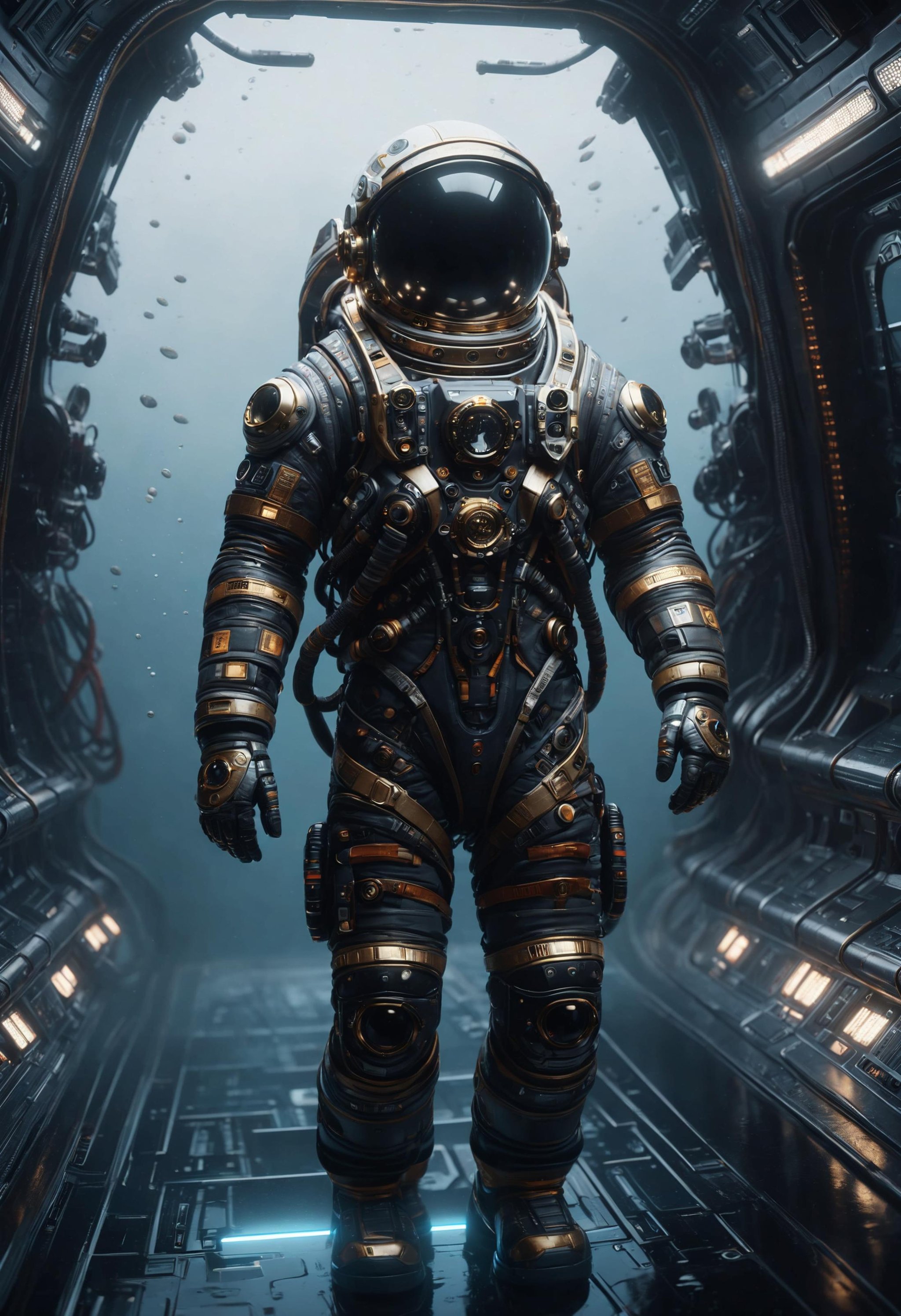 an astronaut made of dvr-frft in a futuristic dark and empty spaceship underwater, atmospheric lighting, foggy, octane render, trending on artstation<lora:dvr-frft:0.8>