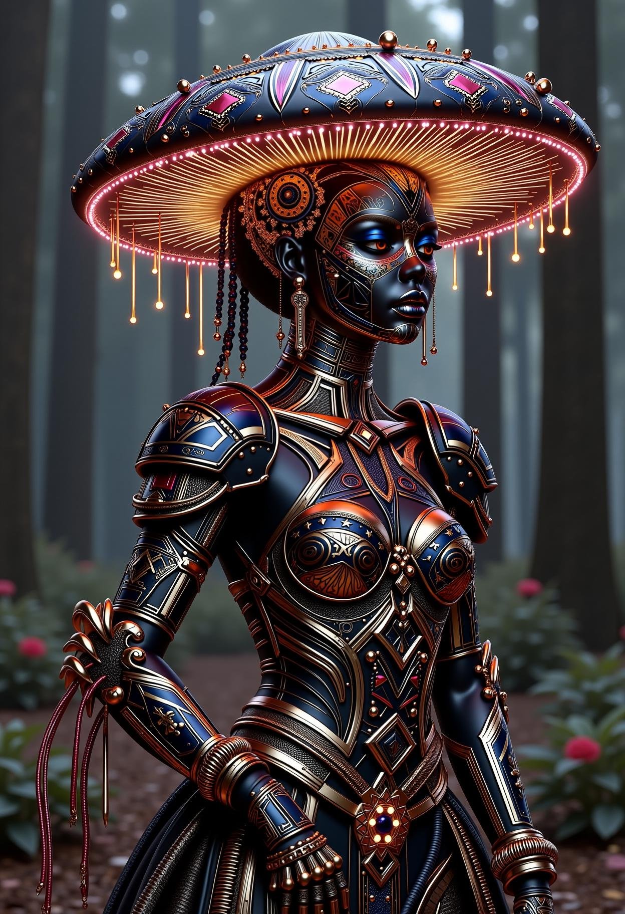 afrofuturism, dark and dramatic molecular gastronomy, vibrant baroque neoncore magical tevphaestus ((francid)) mushroom, with pitch black exoskeleton mycelium armor, glowing trails following her arms, acidwave, aesthetic epic, trending on artstation, intricate artwork by Tooth Wu and Greg Rutkowski, octane render, trending on artstation, cinematic, hyperrealism, magical forrest at night <lora:dvr-afrofuturism-flux:1>