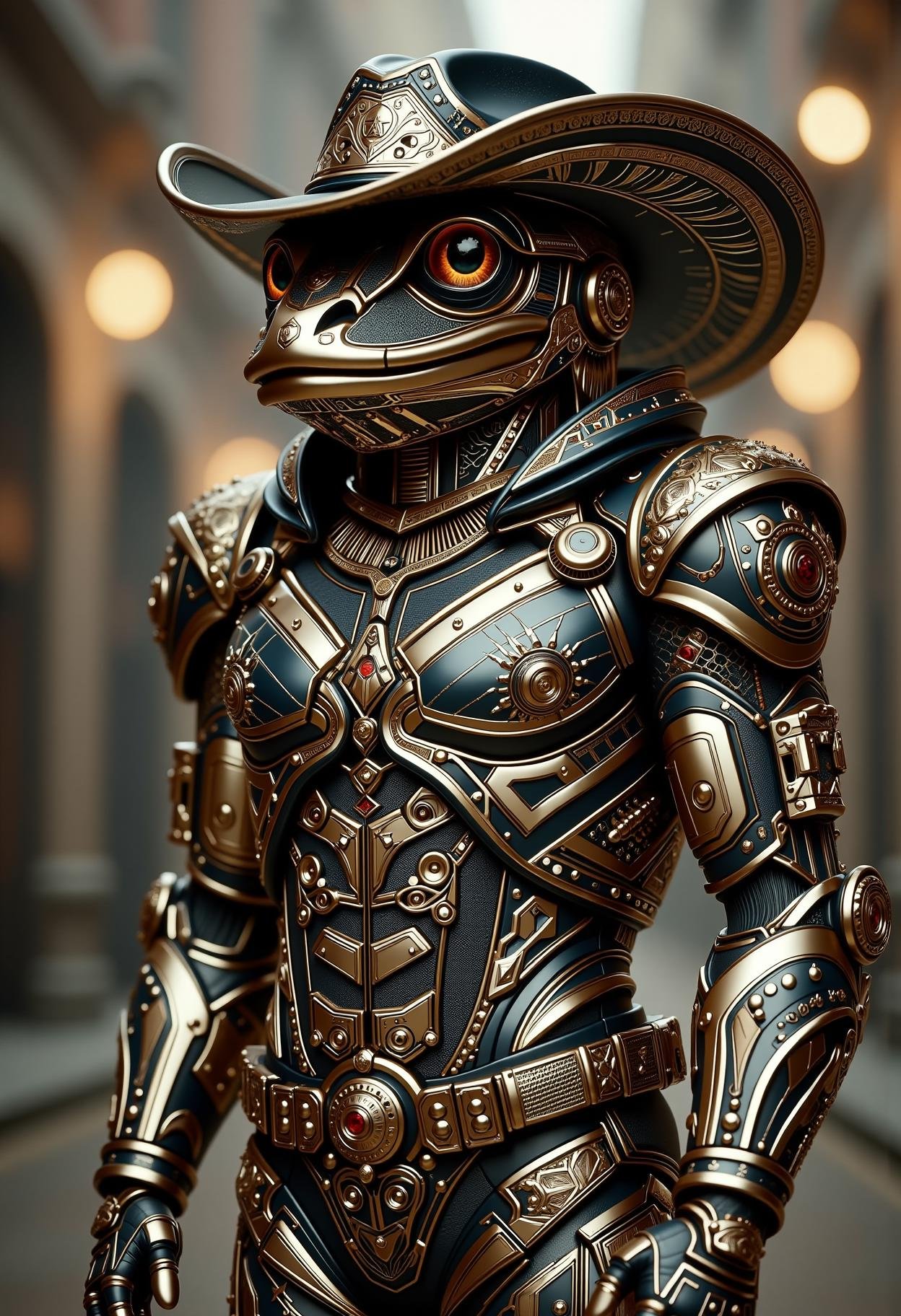 afrofuturism, cinematic film still, full body view of a mechanical infamous meme frog man, cowboy hat, gleaming, reflective, shallow depth of field, vignette, highly detailed, high budget, bokeh, cinemascope, moody, epic, gorgeous, film grain, grainy <lora:dvr-afrofuturism-flux:1>