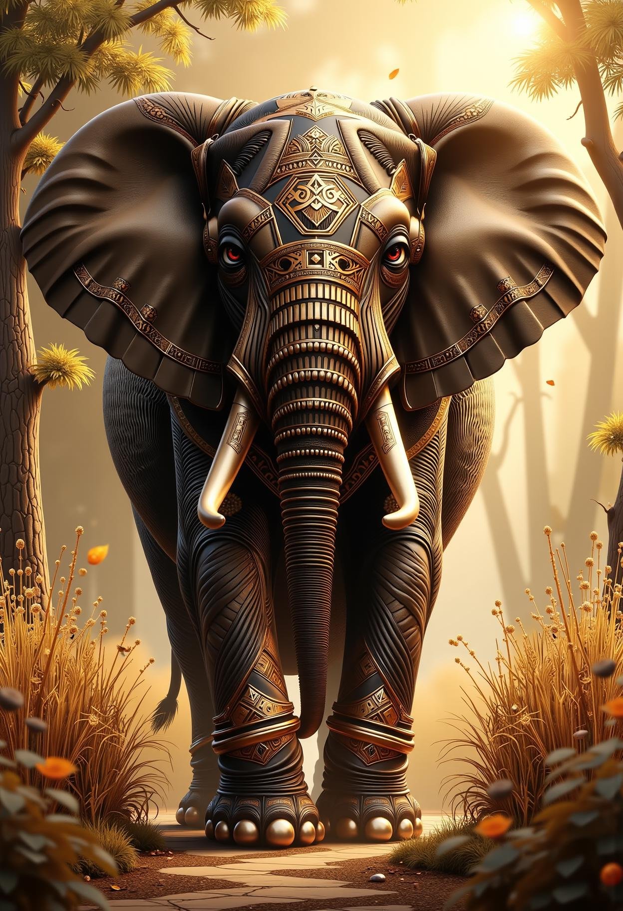 afrofuturism, the elephant in the room, hyperrealistic, highly detailed, cinematic, single ray of golden sunlight, beautiful, cgssociety, artstation, 8 k, oil painting by greg rutkowski, by artgerm, by wlop <lora:dvr-afrofuturism-flux:1>