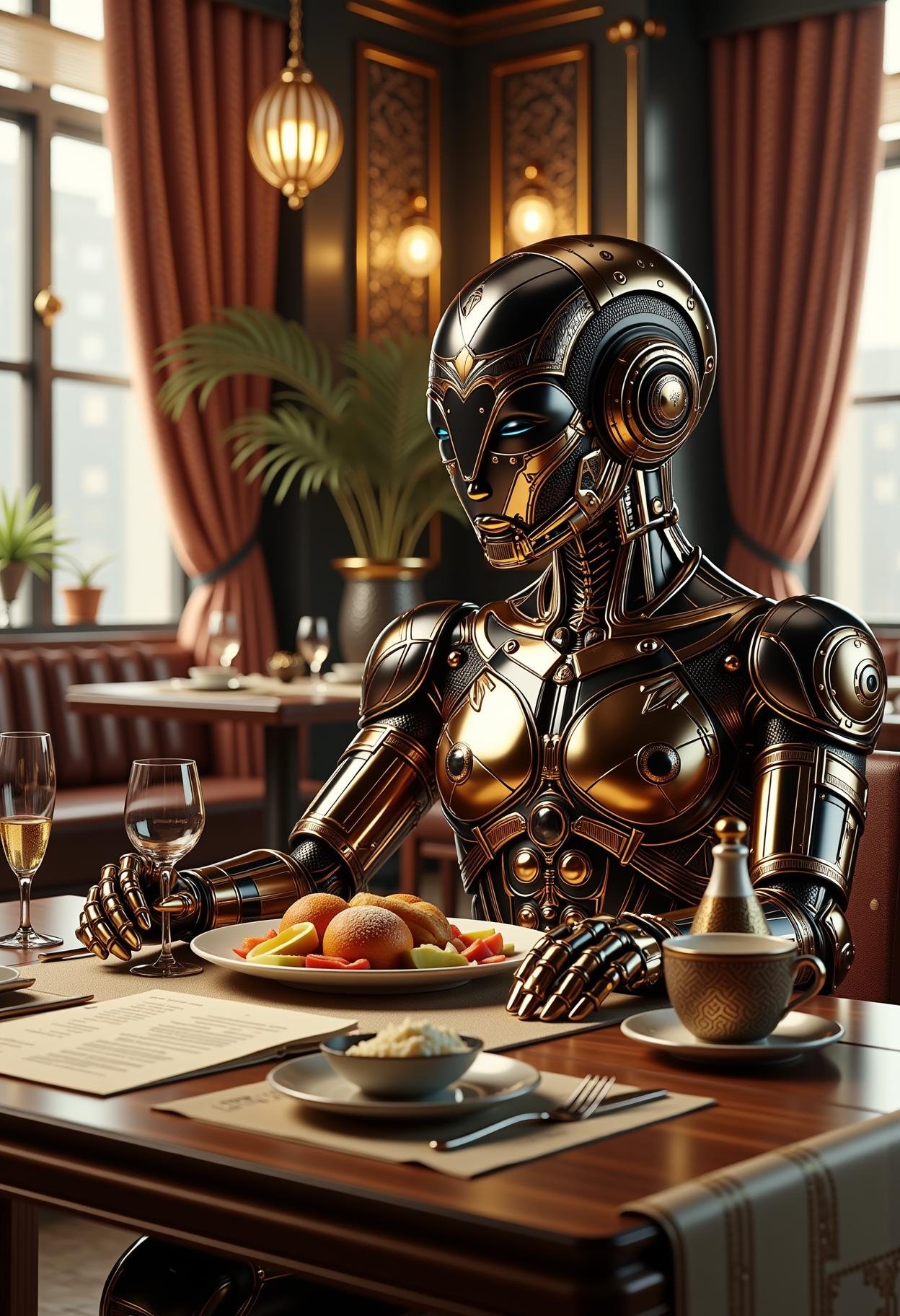 afrofuturism, a robot having breakfast in a posh french restaurant, cinematic lighting, 4k, UHD, trending on Artstation <lora:dvr-afrofuturism-flux:1>