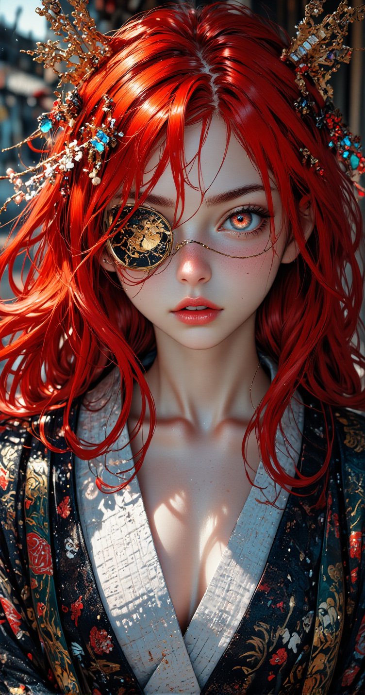 perfect eyes:1.2, detailed eyes:1.4, long hair, red hair, sexy, 1girl, samurai clothes, white inner, eyepatch, Ultra-realistic 8K CG, ((ultra-detailed background, delicate pattern, intricate details)), best quality, intricate details, 1girl, solo, (masterpiece:1.6, best quality), (masterpiece, best quality:1.2), 8k, insane details, intricate details, hyperdetailed, hyper quality, high detail, ultra detailed, professional, HDR, realistic, ray tracing reflection, cinematic lighting, ornate,Anime Style,Midjourney_Whisper