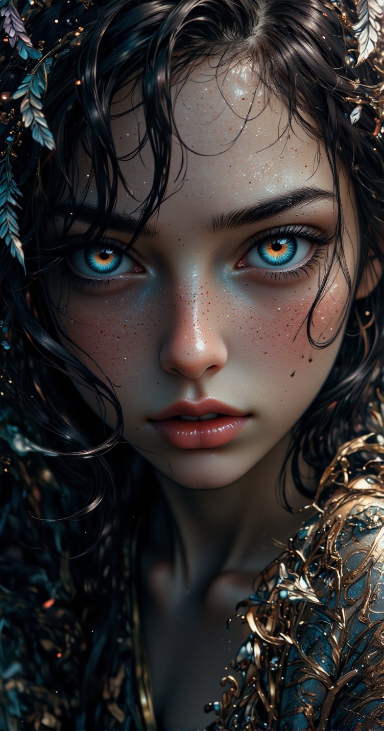 (Photographic realism:1.6), (realistic:2.1) Create a realistic and intense portrait of a woman, her piercing gaze holding the viewer. She has striking, vivid eyes that seem to glow with inner light. Her hair flows naturally but subtly blends into swirling, surreal patterns. The background is a mix of reality and dreamscape, with faint, ethereal elements like floating feathers or mist. The overall effect should be powerful and captivating, with a touch of the surreal. ((highly hyper detailed:1.1), (intricate patterns:), (sharp focus:1.1), (complex lighting:1.2), (dynamic shadows:1.1), (fine details:1.5), (enhanced realism:1.9), (layered composition:1.1)), (masterpiece:1.3), (best quality:1.2), (very aesthetic:1.2), (absurdres:1.3), (detailed background),newest,ai-generated), correct anatomy, Correct anatomical proportions, (sharp focus:1.1), (HDR), [[(more micro details, more small details, more medium details, more large details:1.1), (more macro details:0.7):0.2]], (follow the LoRa:1.9), (follow the prompt:1.8), ananmo,Woman, black hair, curly hair, long hair, olive eyes, slim waist, light skin,style of Kourtney Roy,style of Winifred Nicholson,Anime Style,Midjourney_Whisper