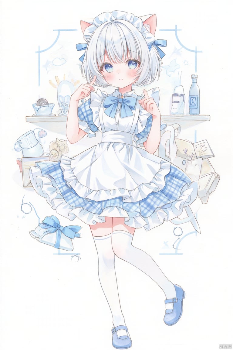 1girl, solo, looking at viewer, blush, short hair, bangs, blue eyes, thighhighs, dress, bow, animal ears, standing, tail, white hair, short sleeves, heart, frills, shoes, puffy sleeves, cat ears, bowtie, apron, white thighhighs, two side up, cup, puffy short sleeves, cat tail, book, plaid, maid, maid headdress, blue dress, blue bow, traditional media, standing on one leg, frilled dress, bottle, cat girl, white apron, index finger raised, maid apron, frilled apron, blue footwear, collared dress, plaid dress