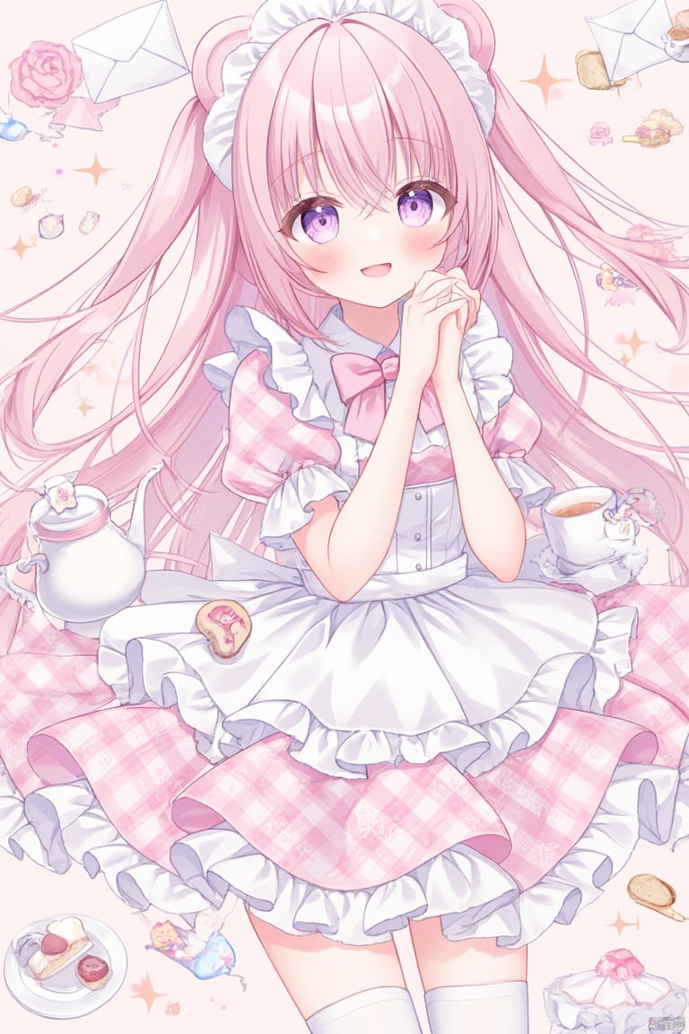 1girl, solo, long hair, looking at viewer, blush, smile, open mouth, bangs, thighhighs, dress, bow, animal ears, hair between eyes, very long hair, purple eyes, pink hair, flower, short sleeves, :d, frills, food, puffy sleeves, apron, white thighhighs, two side up, cup, puffy short sleeves, plaid, maid, hands up, maid headdress, sparkle, rose, pink background, frilled dress, own hands together, pink bow, pink dress, waist apron, white apron, pink flower, plate, teacup, frilled apron, collared dress, teapot, cookie, bear ears, saucer, envelope, plaid dress