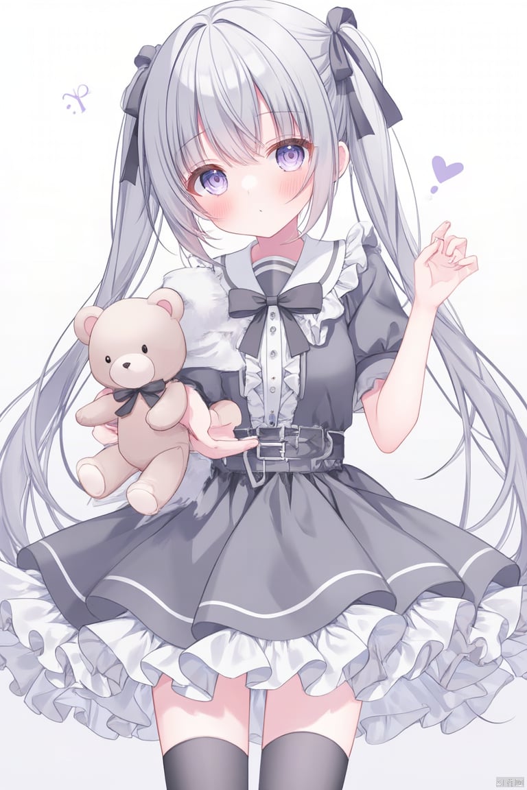 1girl, solo, long hair, looking at viewer, blush, bangs, shirt, thighhighs, dress, bow, holding, twintails, very long hair, closed mouth, purple eyes, short sleeves, hair bow, grey hair, frills, puffy sleeves, black thighhighs, sailor collar, black dress, collar, puffy short sleeves, hands up, black bow, stuffed toy, frilled dress, stuffed animal, sailor dress, teddy bear, white sailor collar, :t, pout, grey dress, grey sailor collar, frilled sailor collar